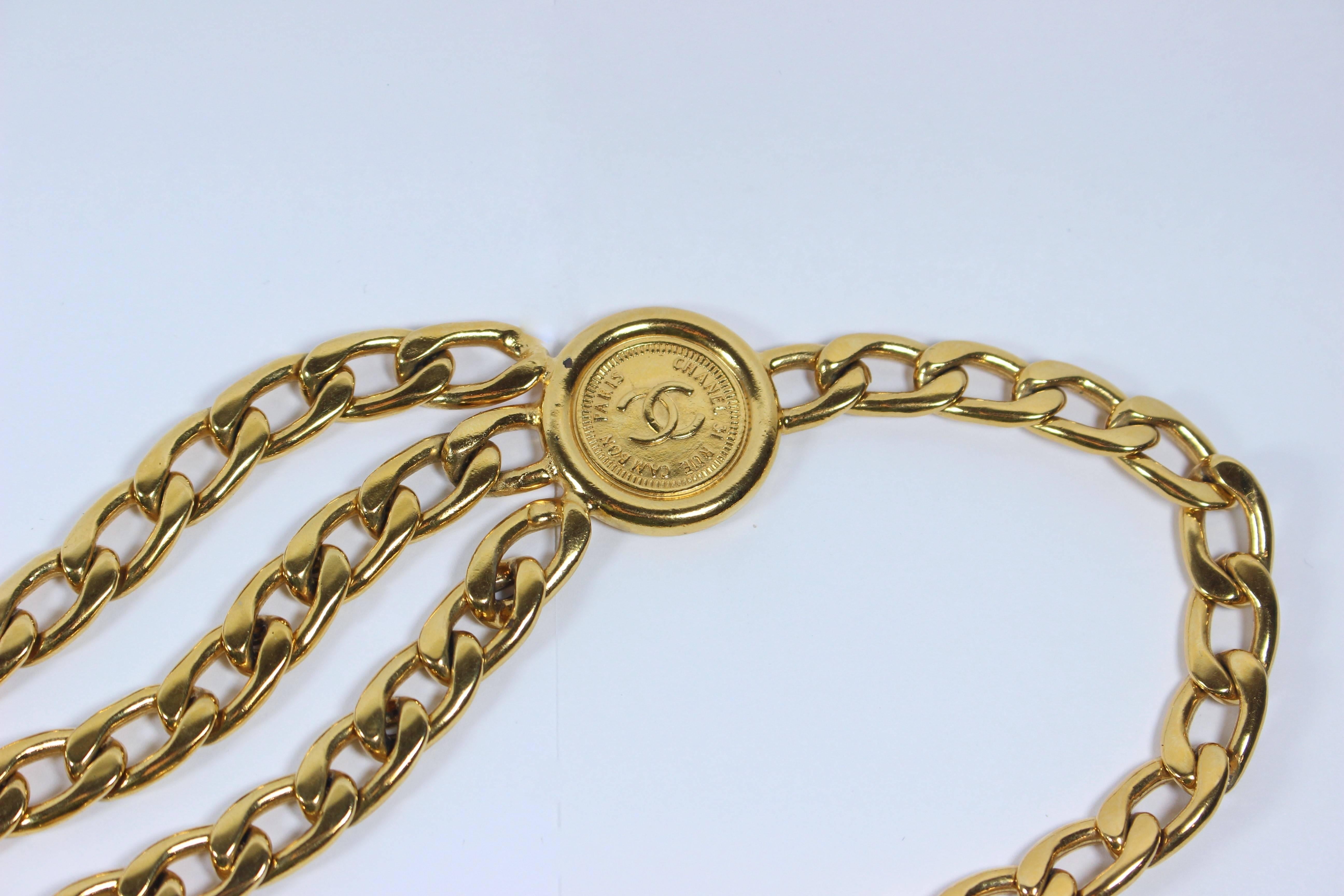 CHANEL 1991 Gold Tone Triple Strand Detail Chain Link Belt Necklace Open Size 3