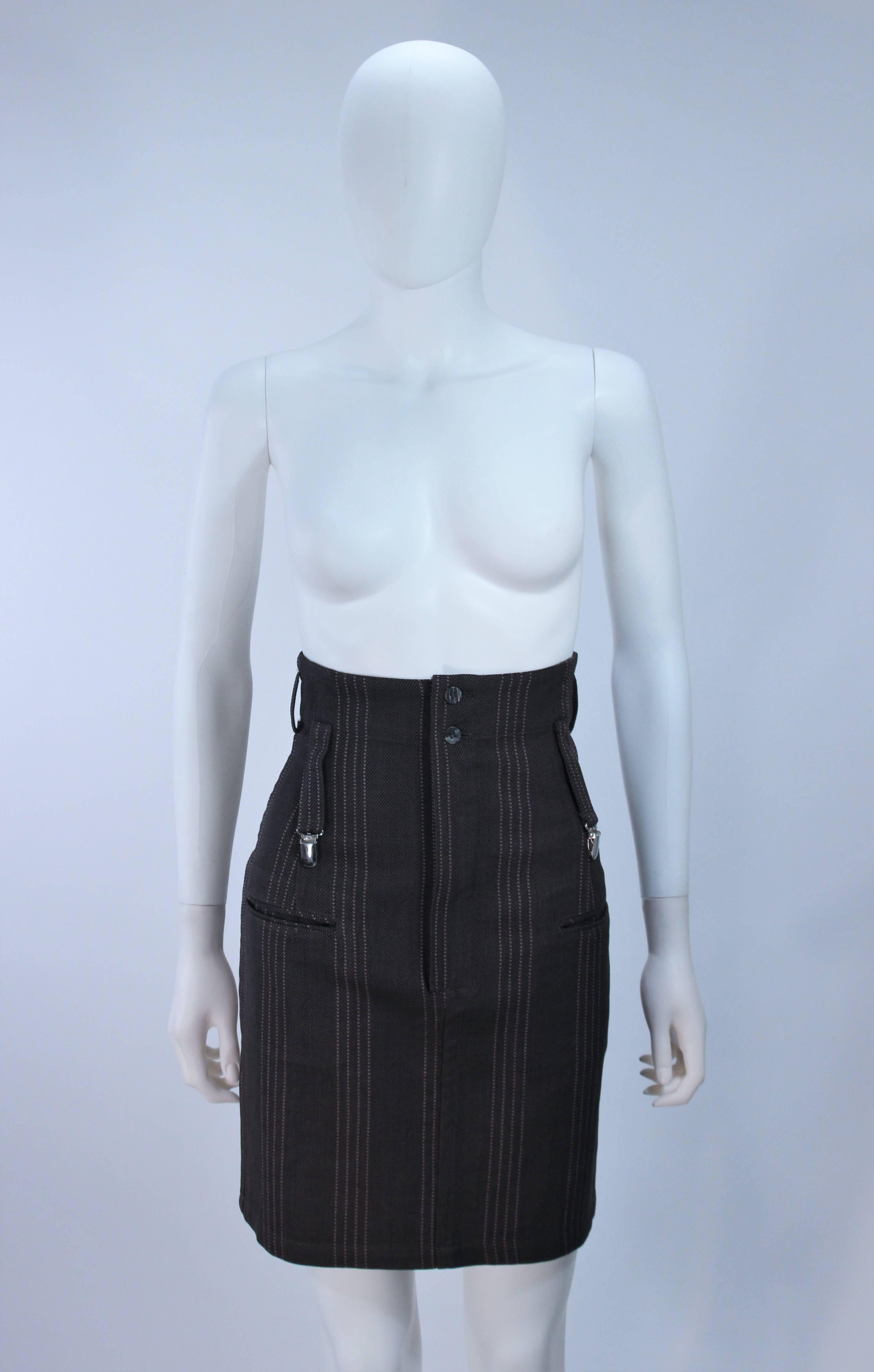 Black YOHJI YAMAMOTO High Waist Pinstripe Wool Skirt with Suspender Detail Size 2