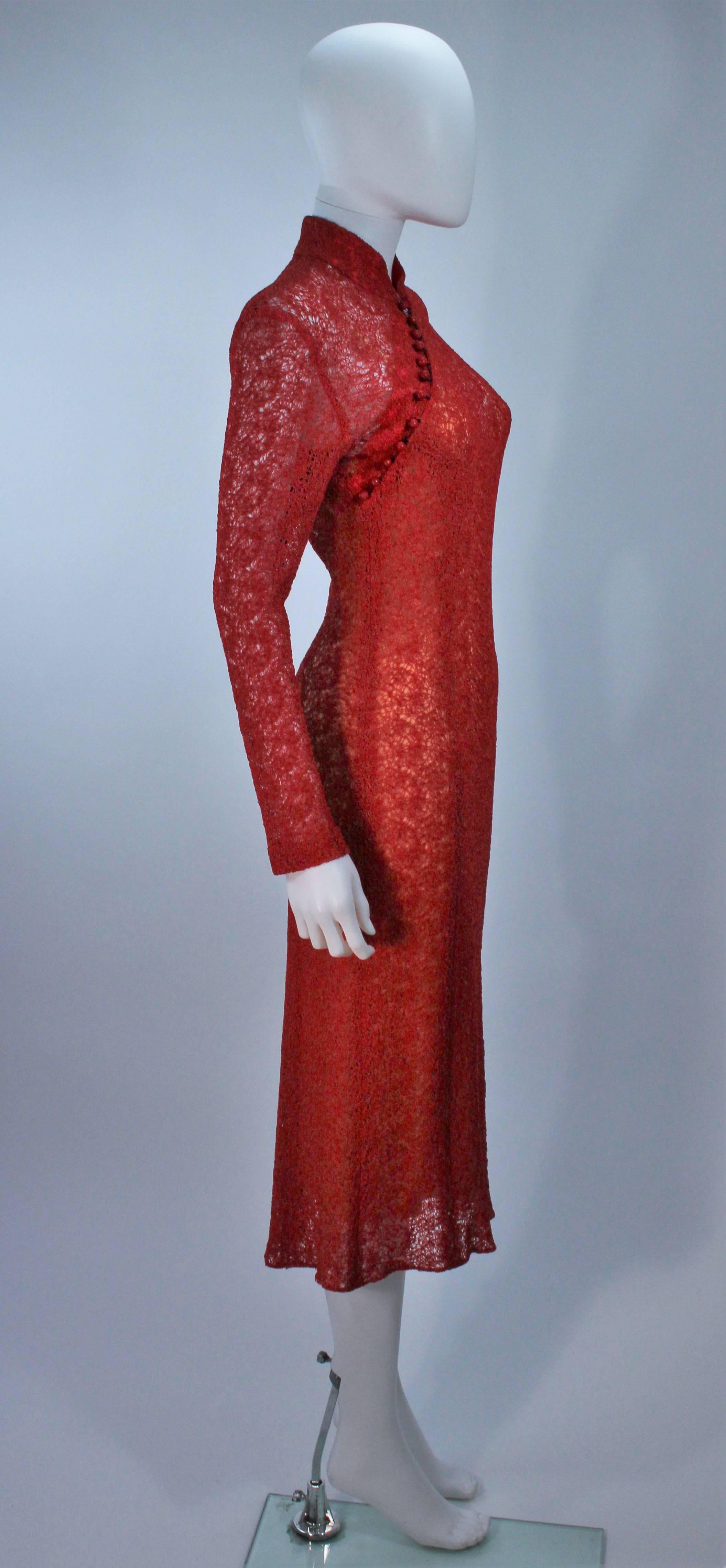 MONIQUE LHUILLIER Asian Inspired Deep Coral Knit lace Cocktail Dress Size 8 In Excellent Condition In Los Angeles, CA