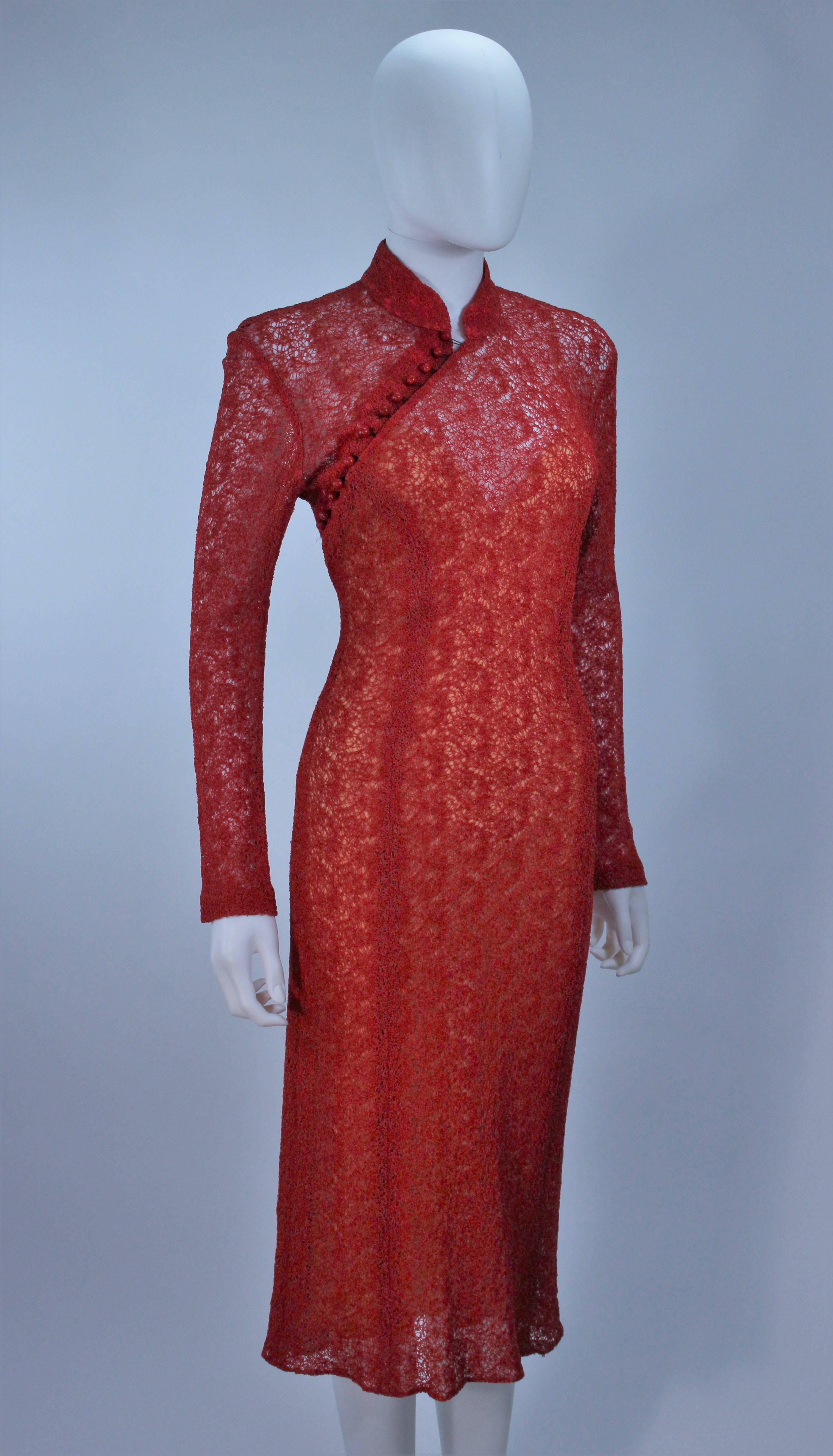 Red MONIQUE LHUILLIER Asian Inspired Deep Coral Knit lace Cocktail Dress Size 8