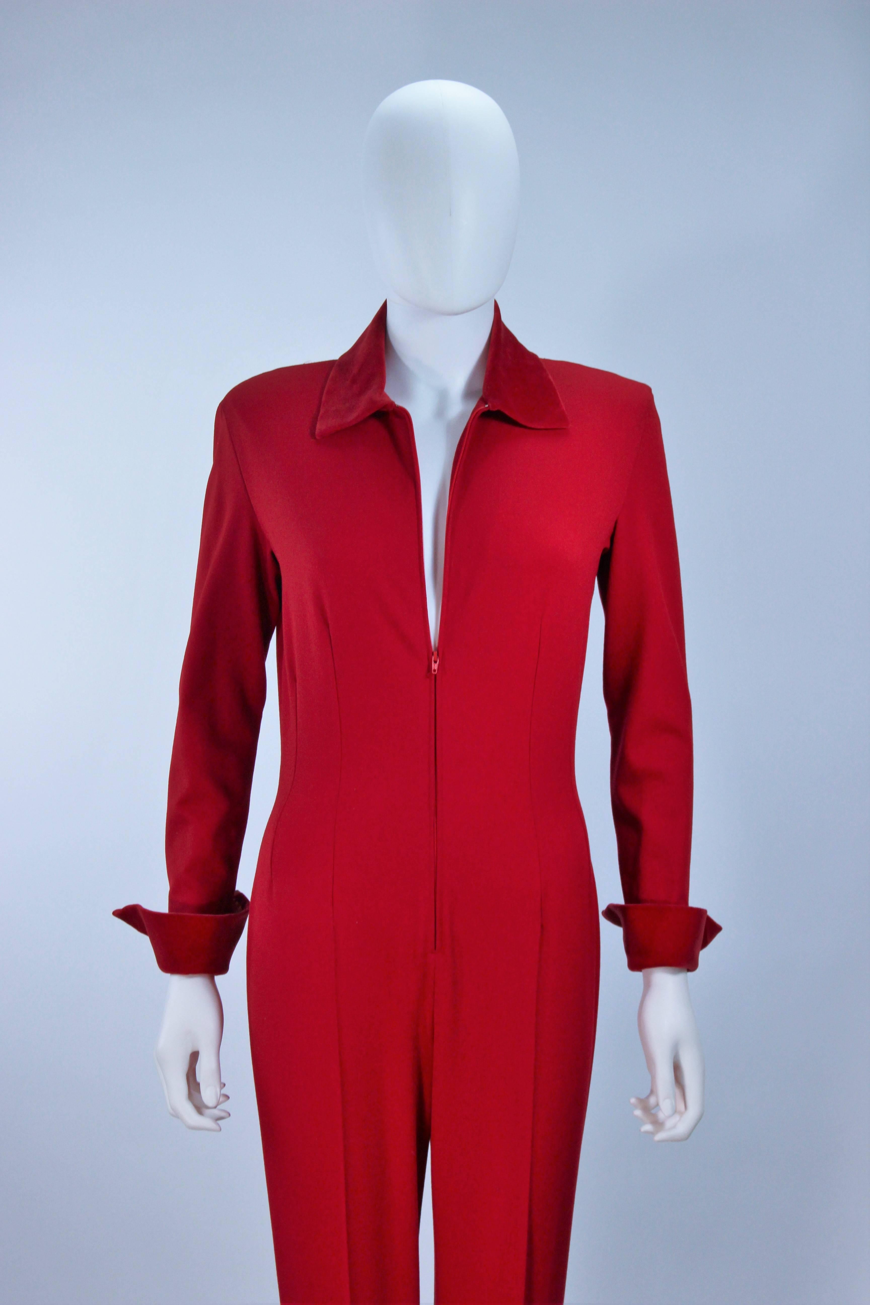 MOSCHINO Red Stretch Wool Stirrup Pantsuit with Velvet Trim Size 6-8 In Excellent Condition In Los Angeles, CA