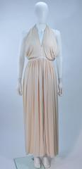 GALANOS Cream Silk Halter Gown with White Trim and Exposed Back Size 0 2