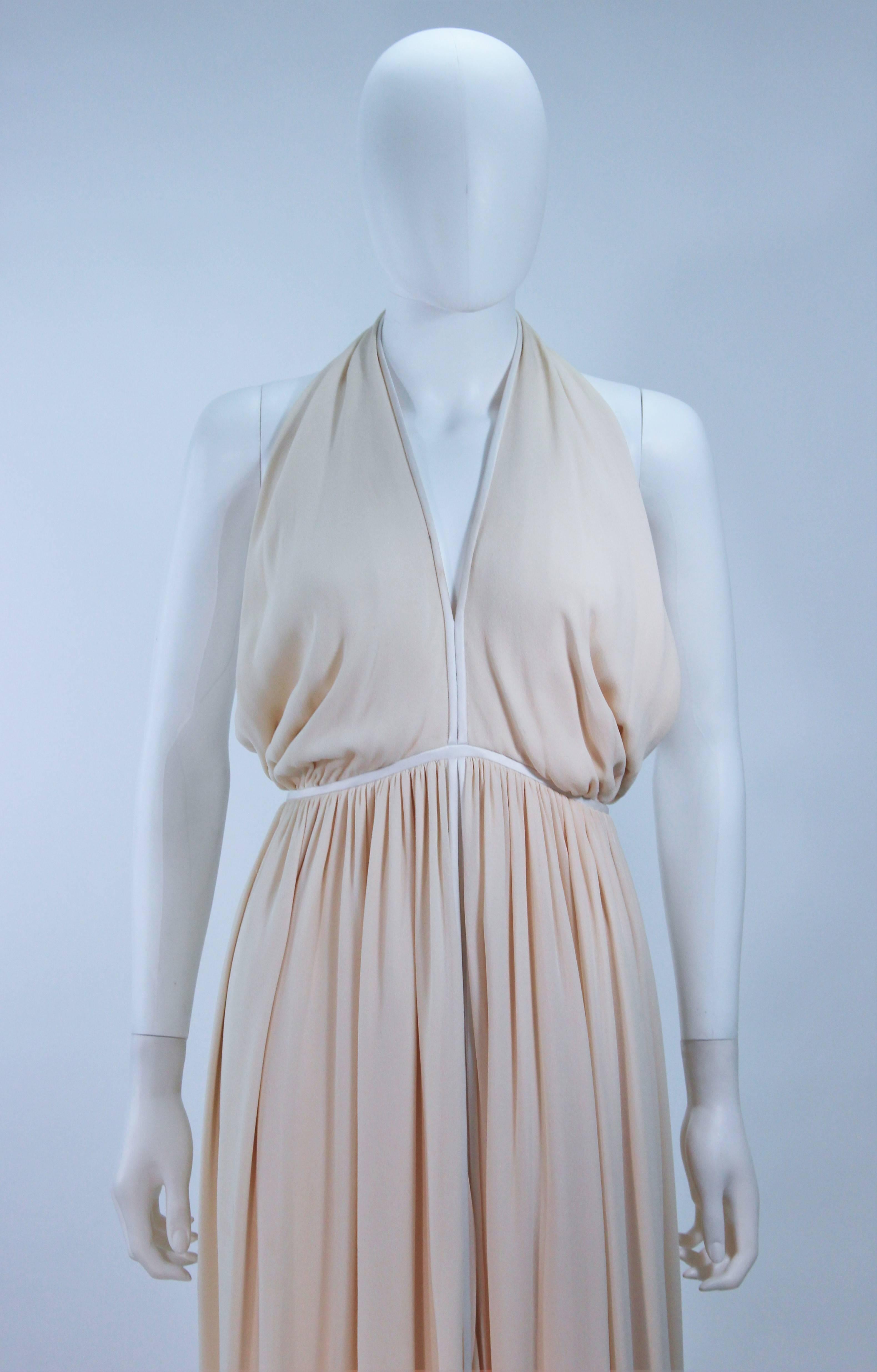 GALANOS Cream Silk Halter Gown with White Trim and Exposed Back Size 0 2 In Excellent Condition For Sale In Los Angeles, CA