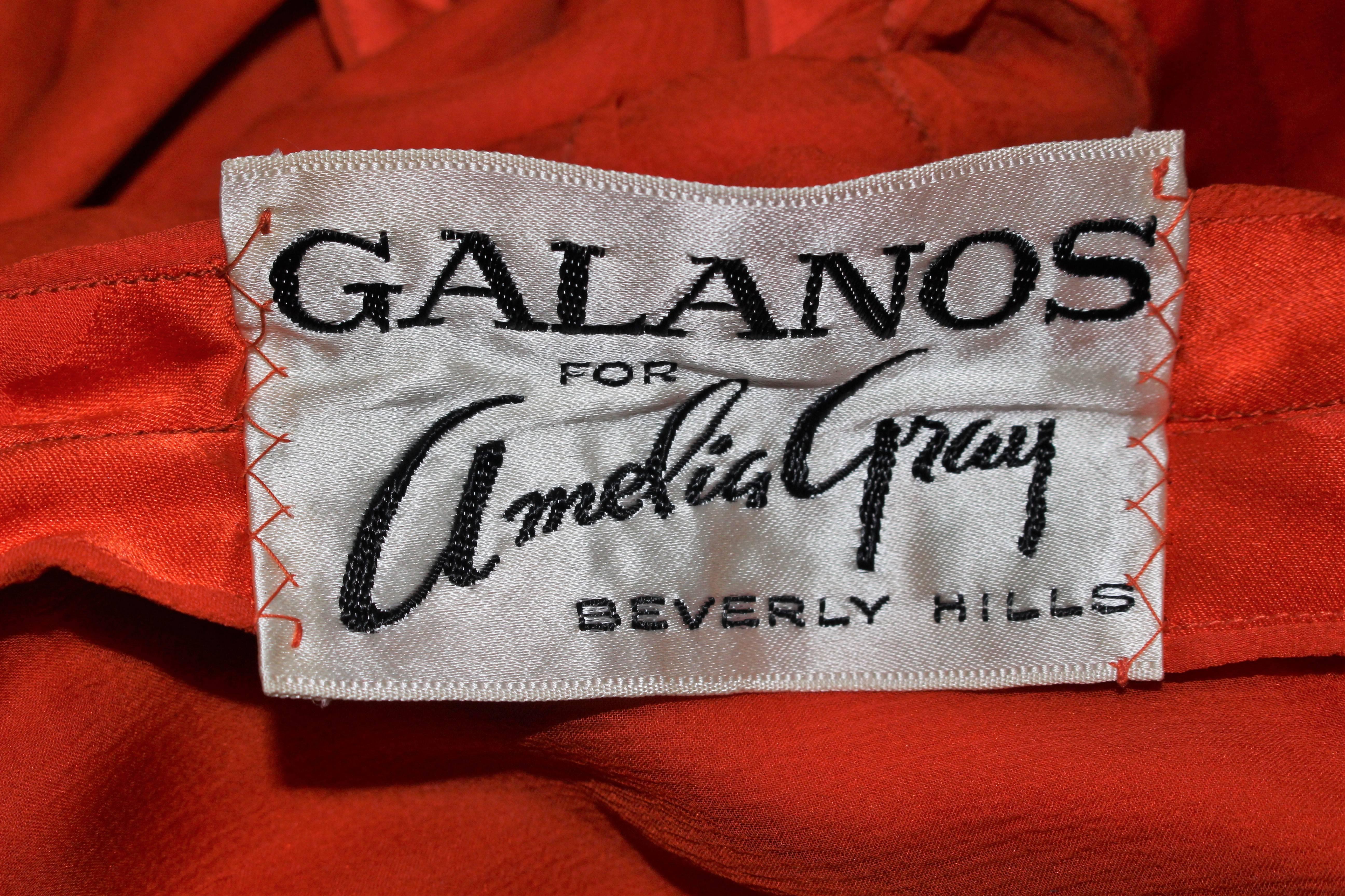 GALANOS 1970's Orange Silk Billow Sleeve Zip Front Gown Size 2 4 For Sale 3