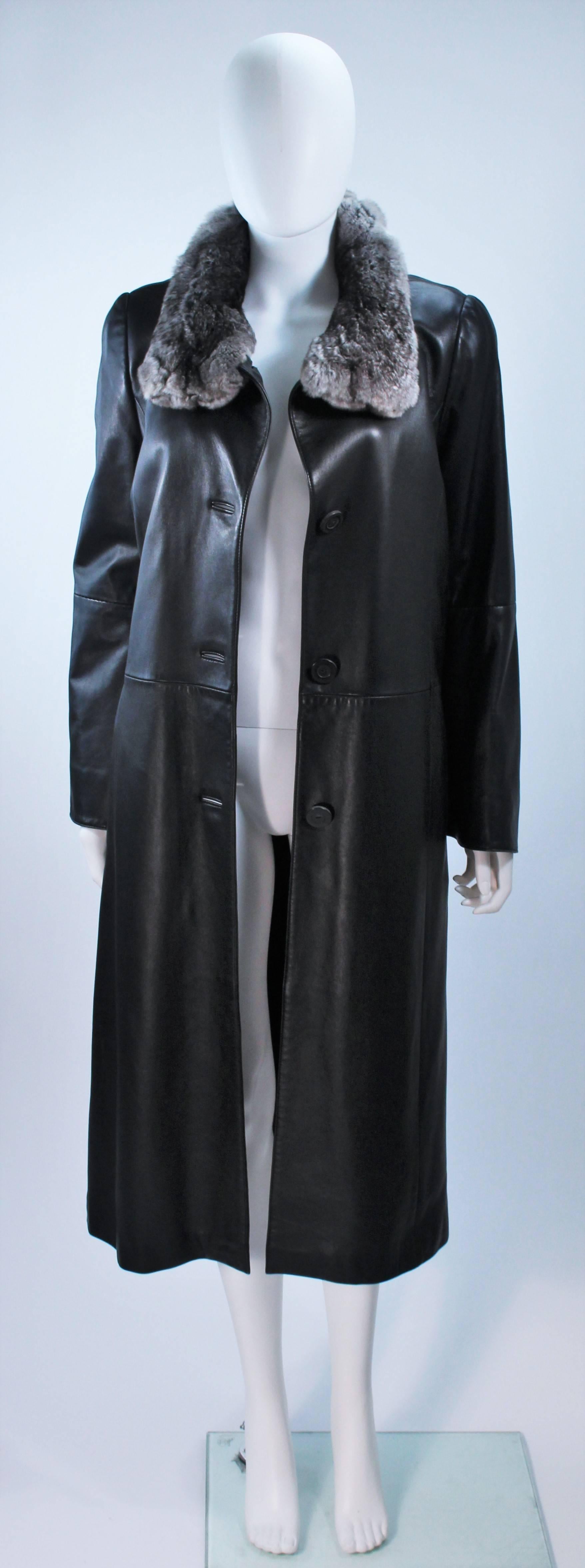 CAROLINA HERRERA Black Leather Coat with Mink Lining and Rex Rabbit Collar 6 8 2