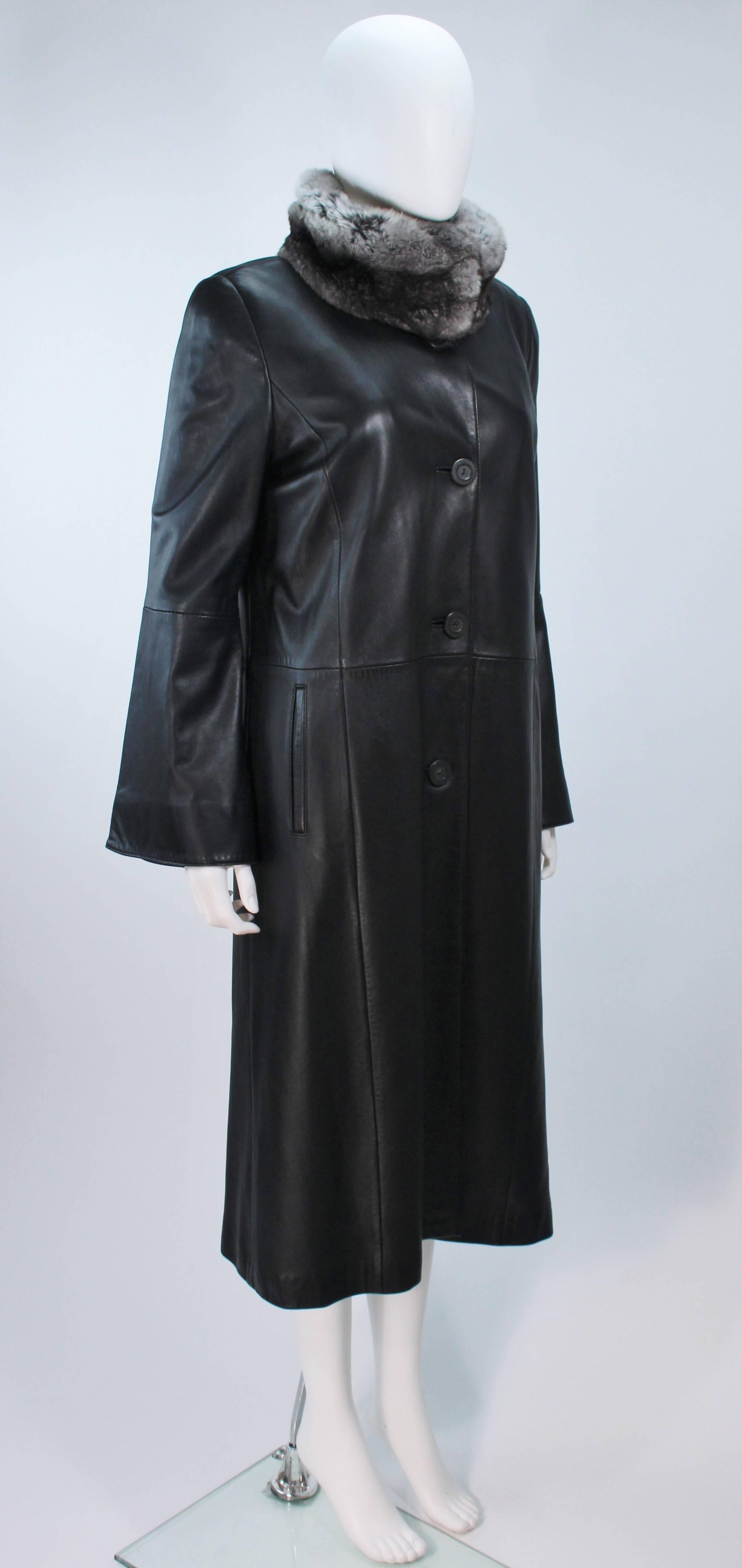 CAROLINA HERRERA Black Leather Coat with Mink Lining and Rex Rabbit Collar 6 8 3