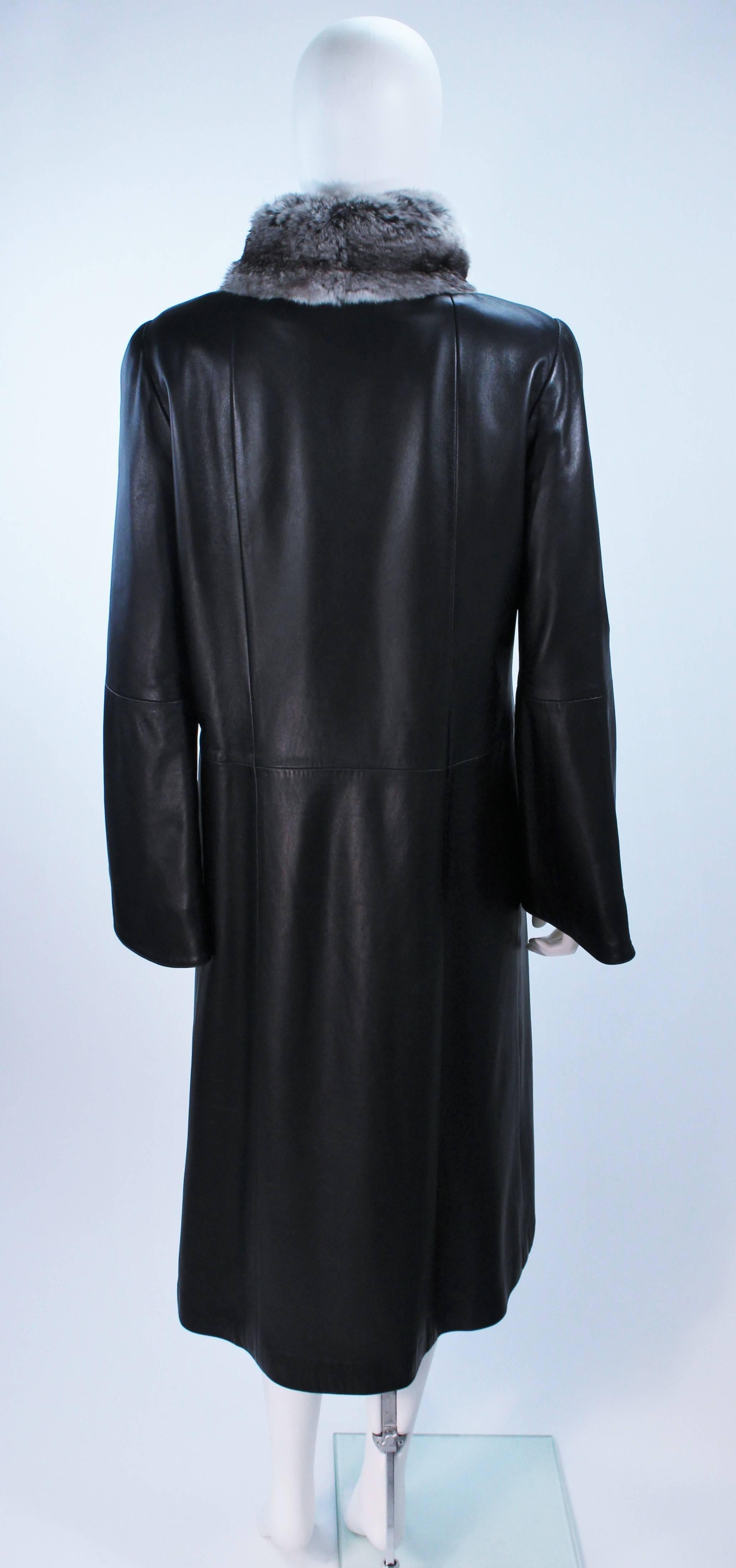 CAROLINA HERRERA Black Leather Coat with Mink Lining and Rex Rabbit Collar 6 8 5