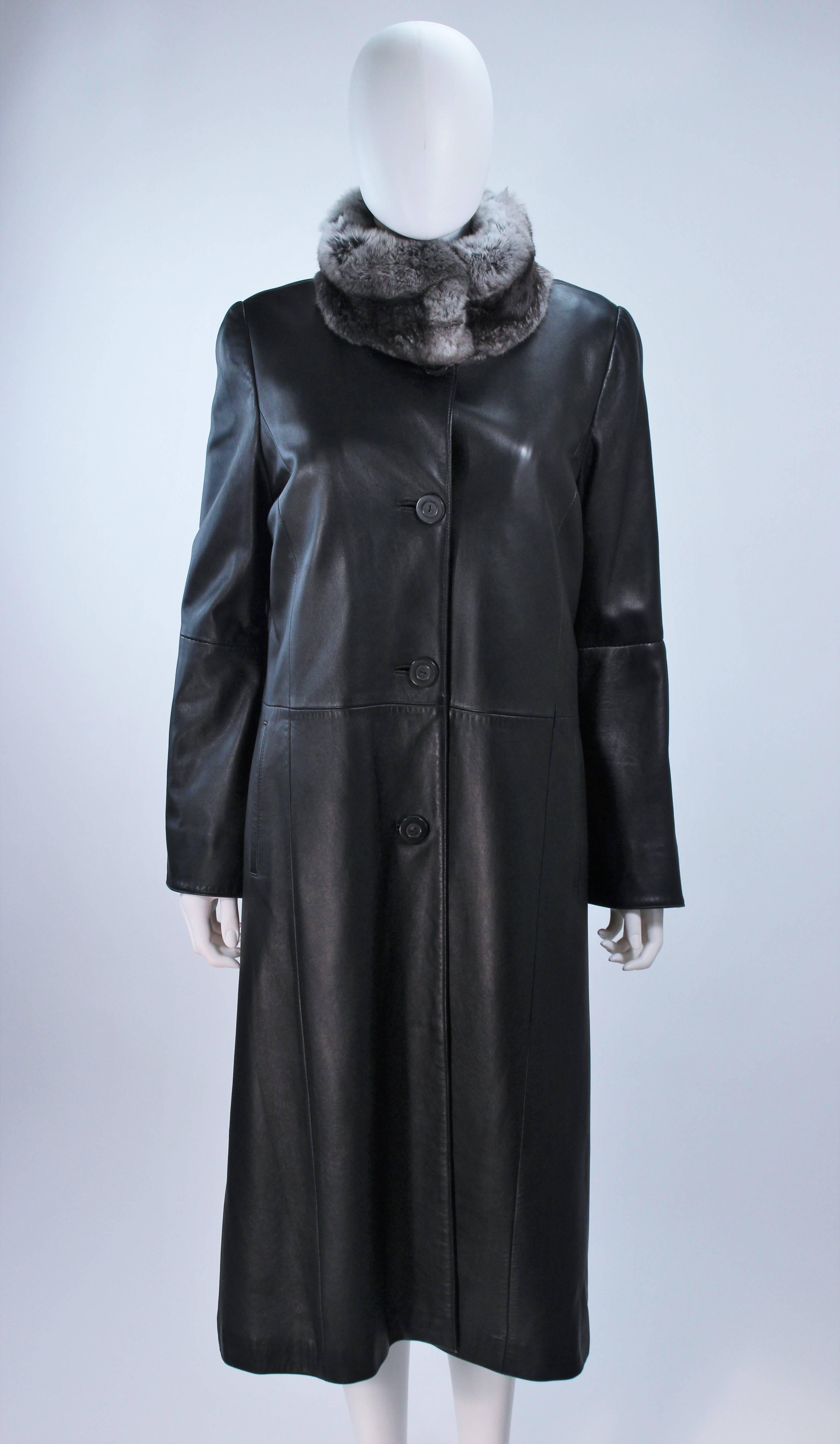 Women's CAROLINA HERRERA Black Leather Coat with Mink Lining and Rex Rabbit Collar 6 8