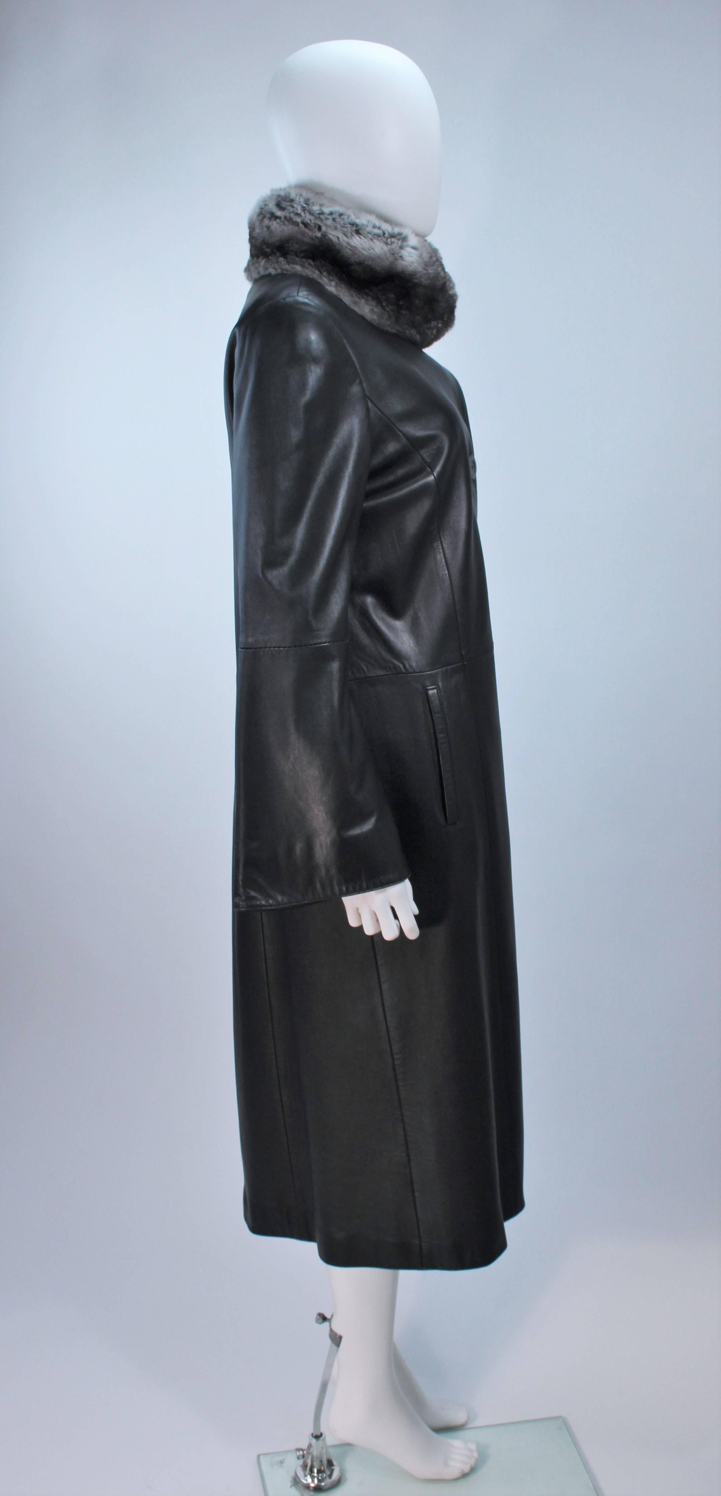 CAROLINA HERRERA Black Leather Coat with Mink Lining and Rex Rabbit Collar 6 8 4