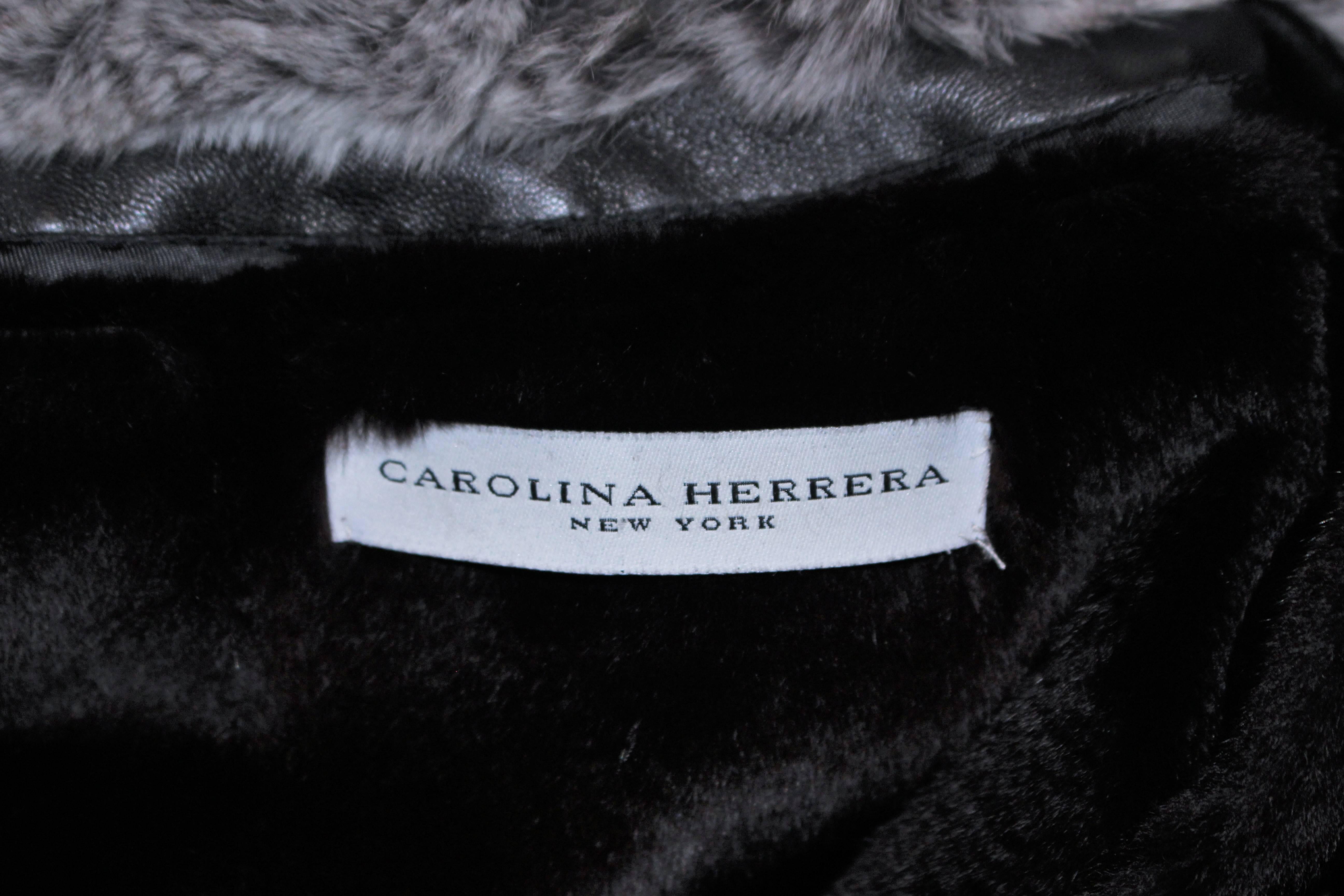 CAROLINA HERRERA Black Leather Coat with Mink Lining and Rex Rabbit Collar 6 8 7