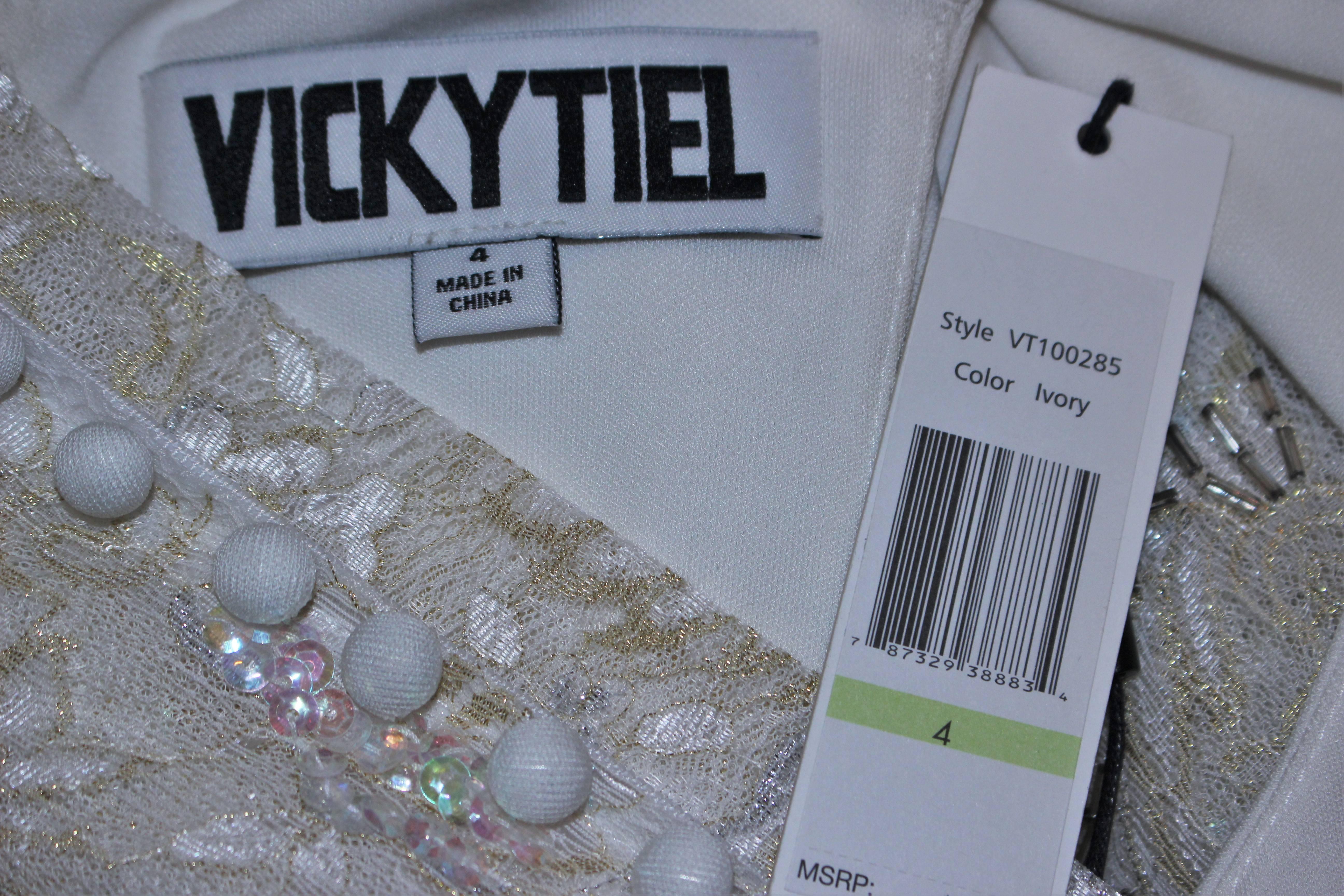 VICKY TIEL White Jersey Dress with Sheer Sequin Waist and Back Size 4 For Sale 2