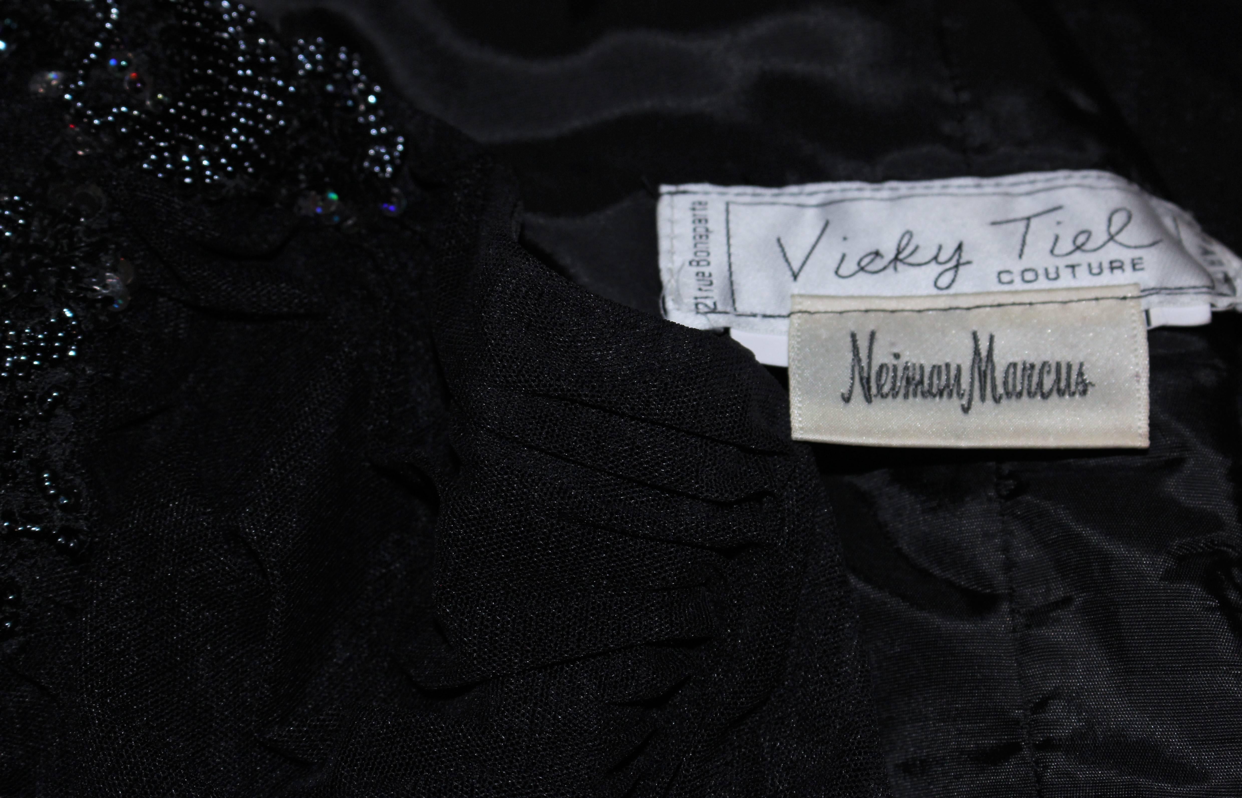 VICKY TIEL Black Stretch Mesh Beaded Cocktail Dress Size 6 8 For Sale 2