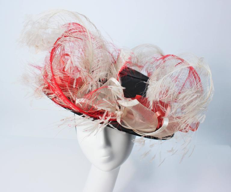 Beige VINTAGE SAKS FIFTH AVE Black Hat with White and Red Feathers  For Sale