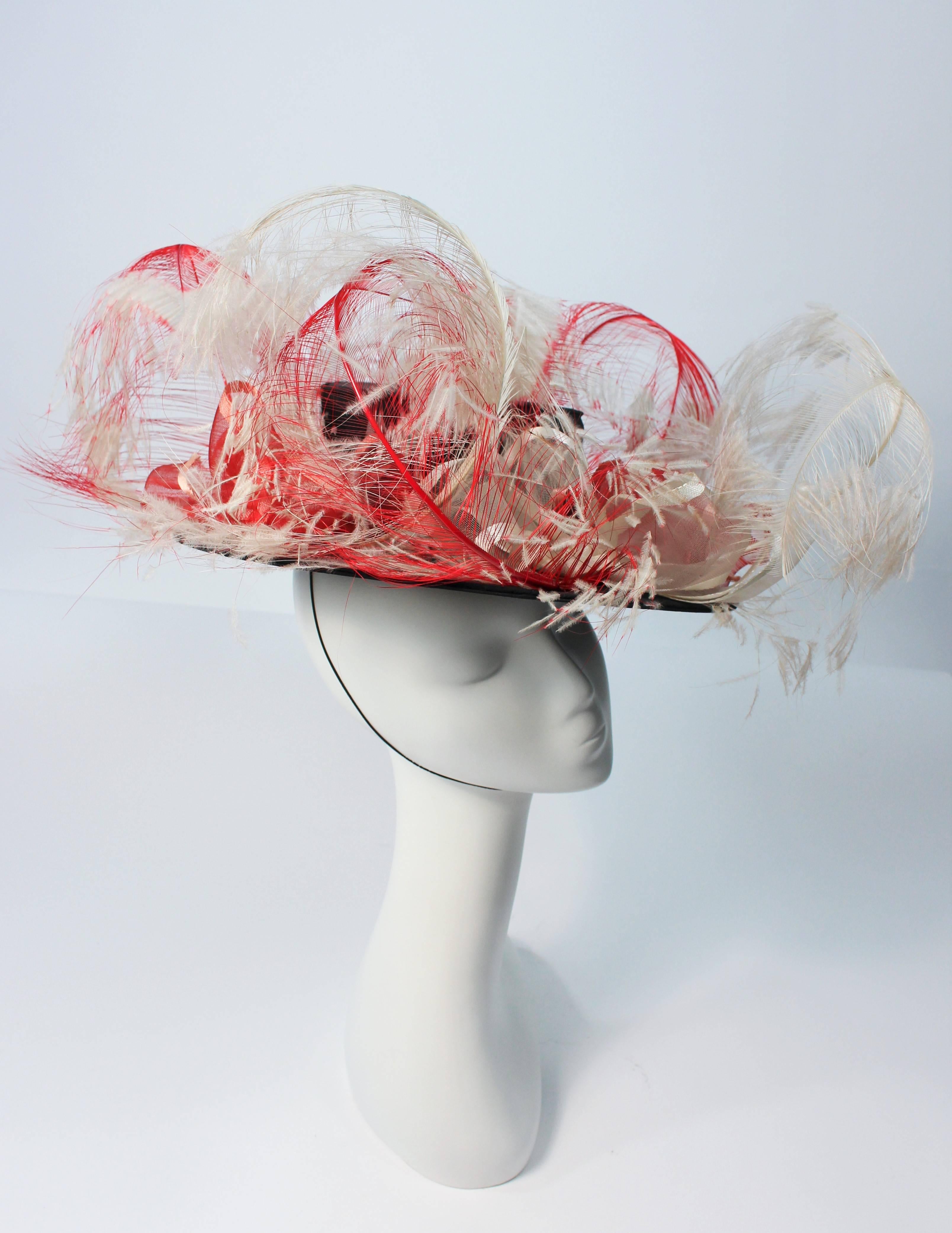 VINTAGE SAKS FIFTH AVE Black Hat with White and Red Feathers  For Sale 1
