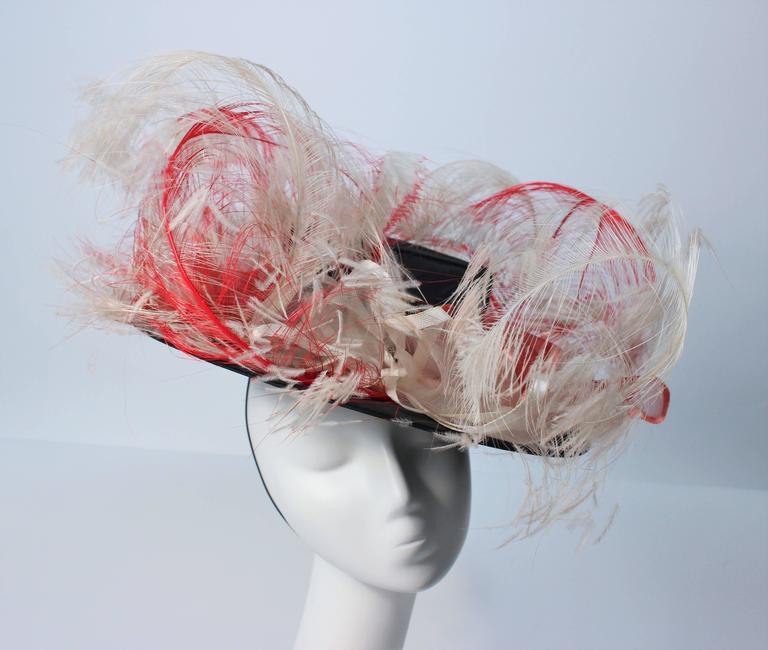 Women's VINTAGE SAKS FIFTH AVE Black Hat with White and Red Feathers  For Sale