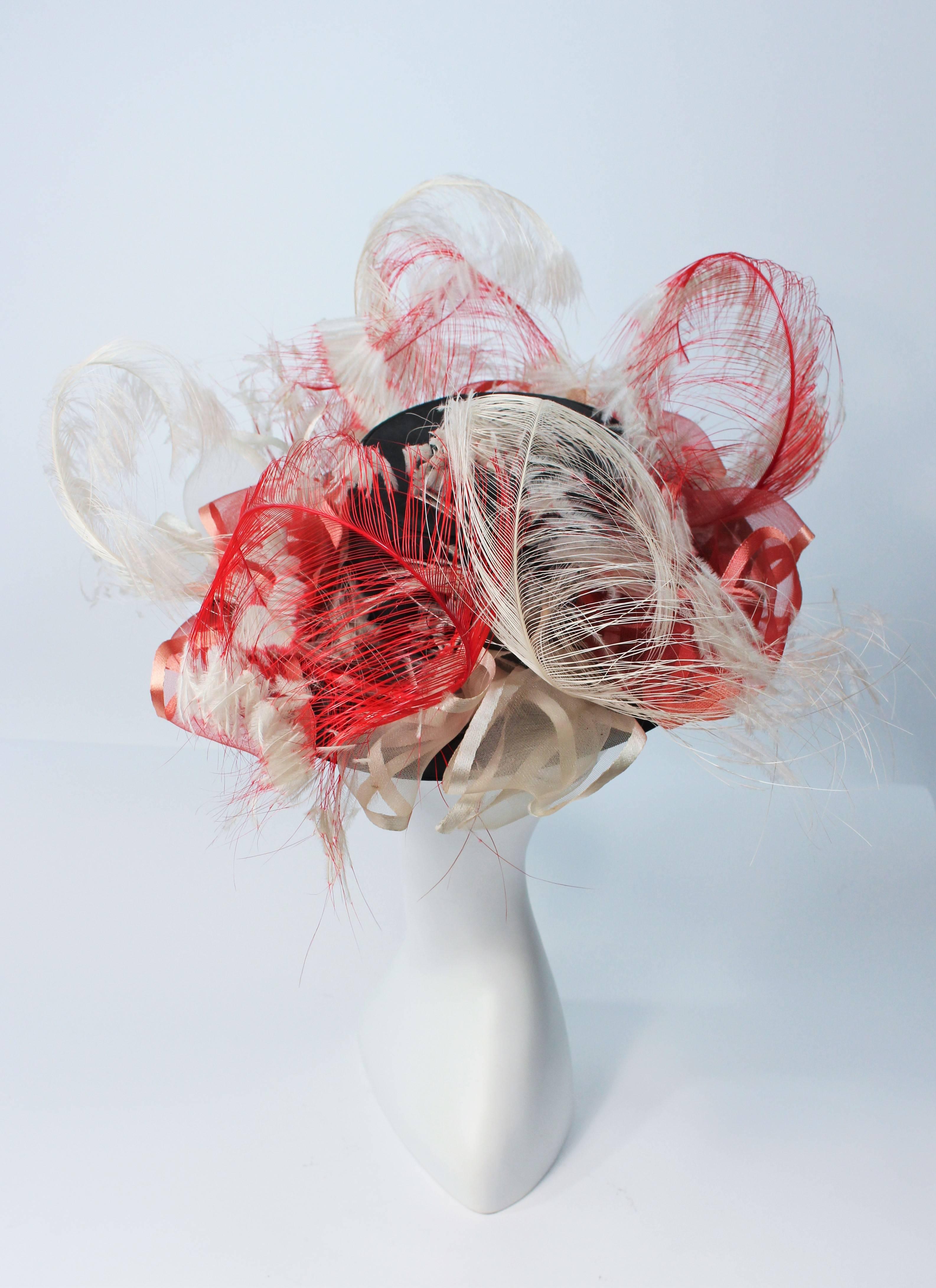 VINTAGE SAKS FIFTH AVE Black Hat with White and Red Feathers  For Sale 4