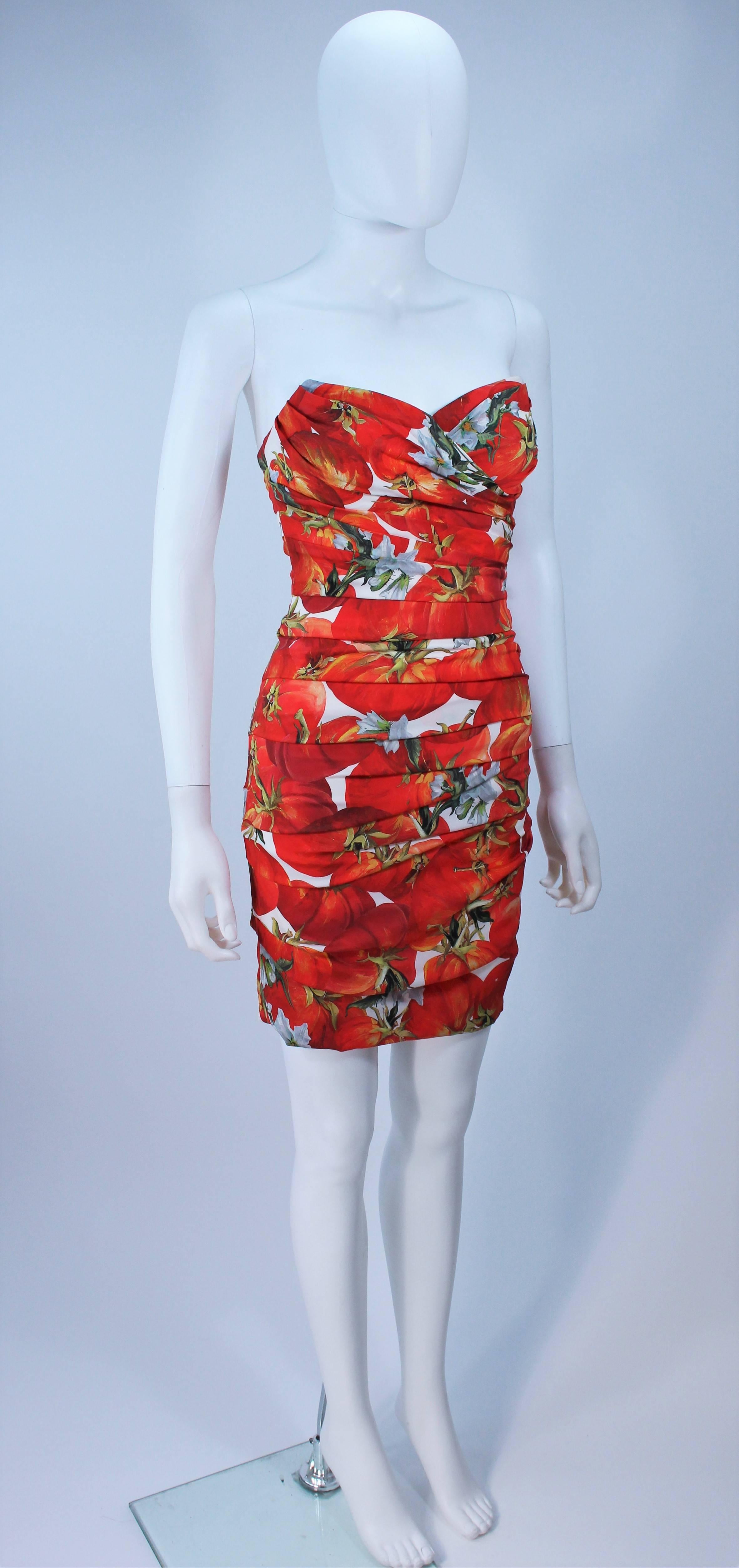 Red DOLCE AND GABBANA Ruched Stretch Silk TOMATO Print Dress Size 38
