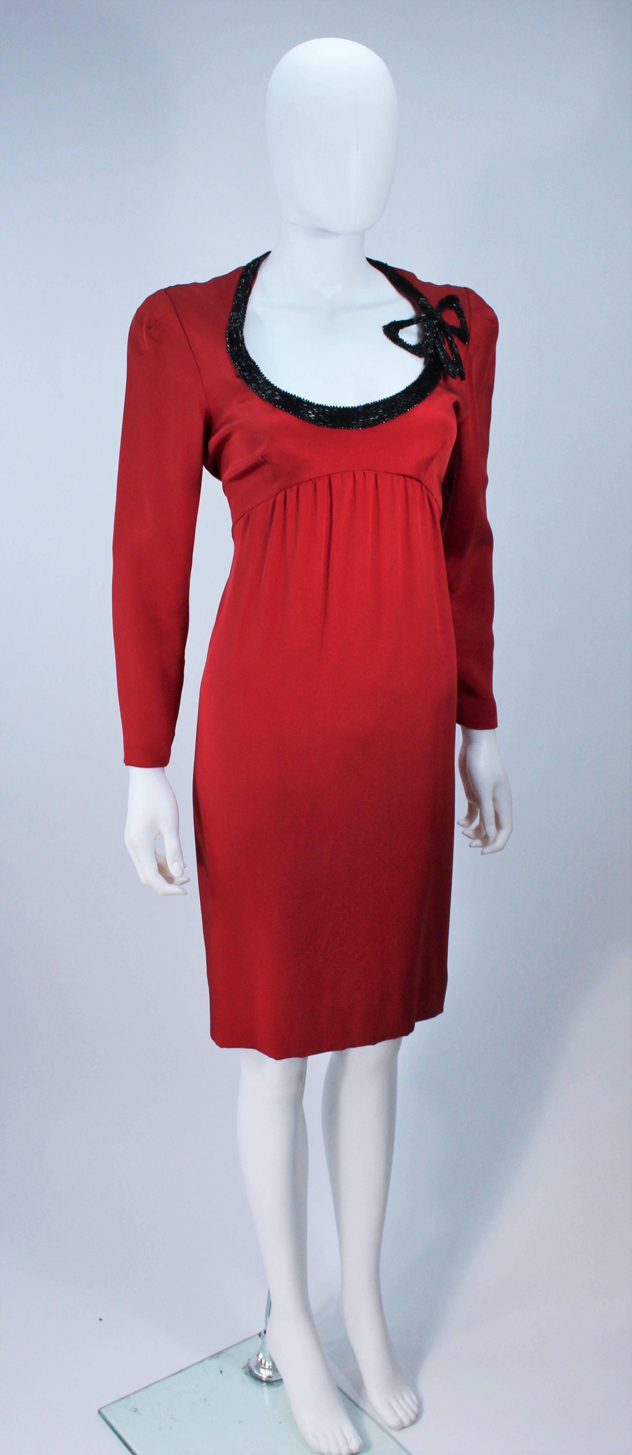 BOB MACKIE Burnished Red Silk Dress with Black Beaded Bow Neckline Size 8 In Excellent Condition For Sale In Los Angeles, CA