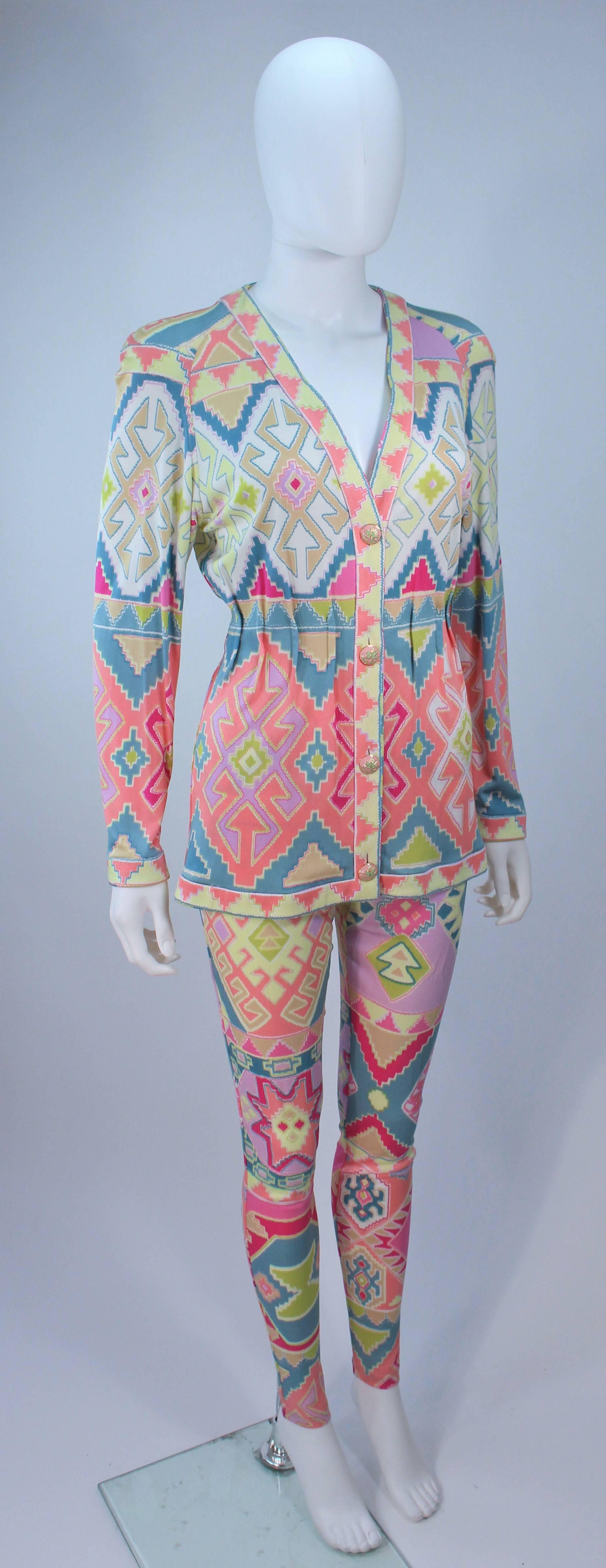 Women's UNGARO Silk Printed Jersey Set with Leggings and Blouse Enamel Buttons Size 4 6
