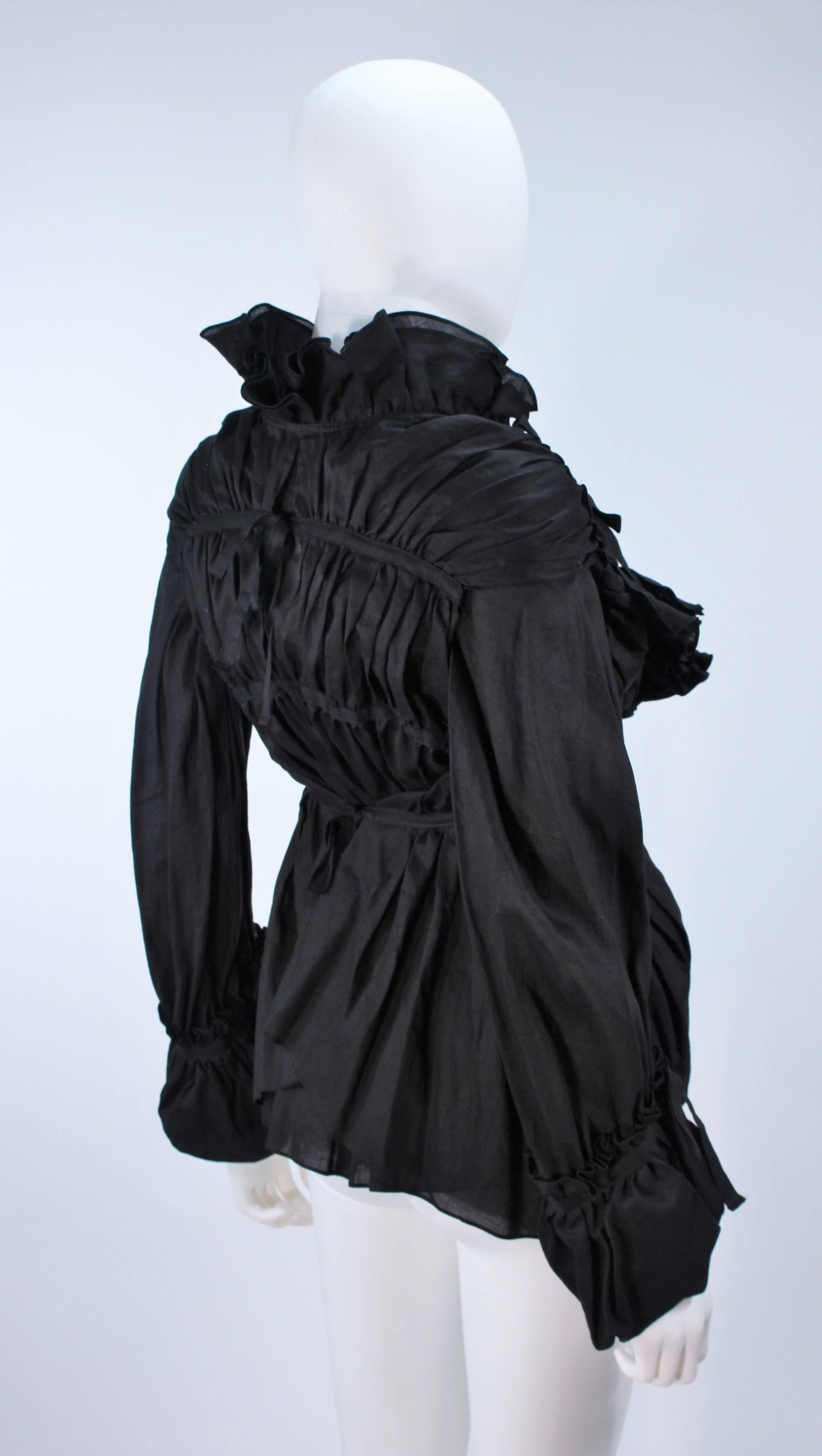 COMME DES GARÇONS Black Ramie Tie Up Blouse with Ruffled Trim Size S 2