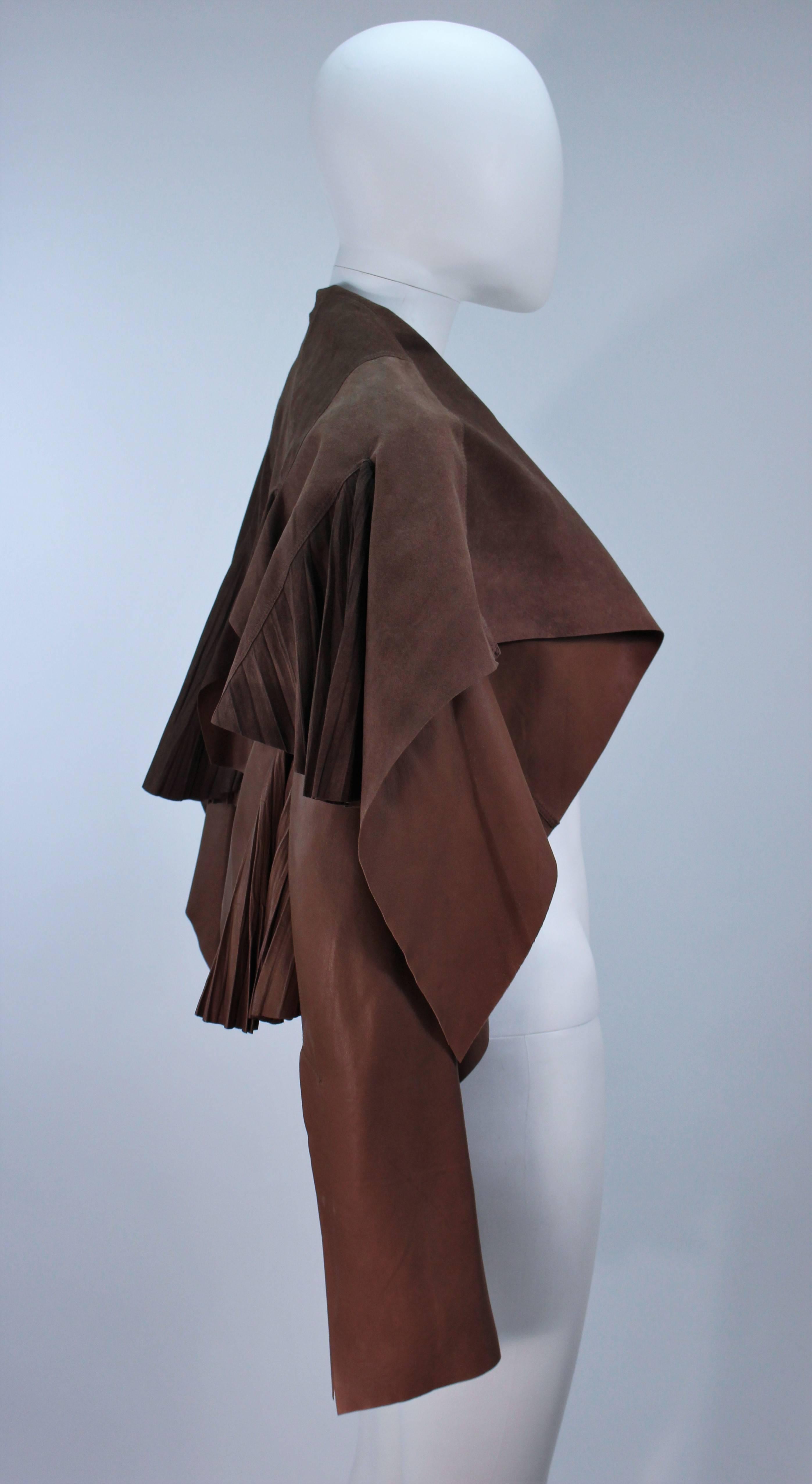 RICK OWENS Brown Lamb Leather Drape Jacket with Pleated Back Size 38 In Excellent Condition For Sale In Los Angeles, CA