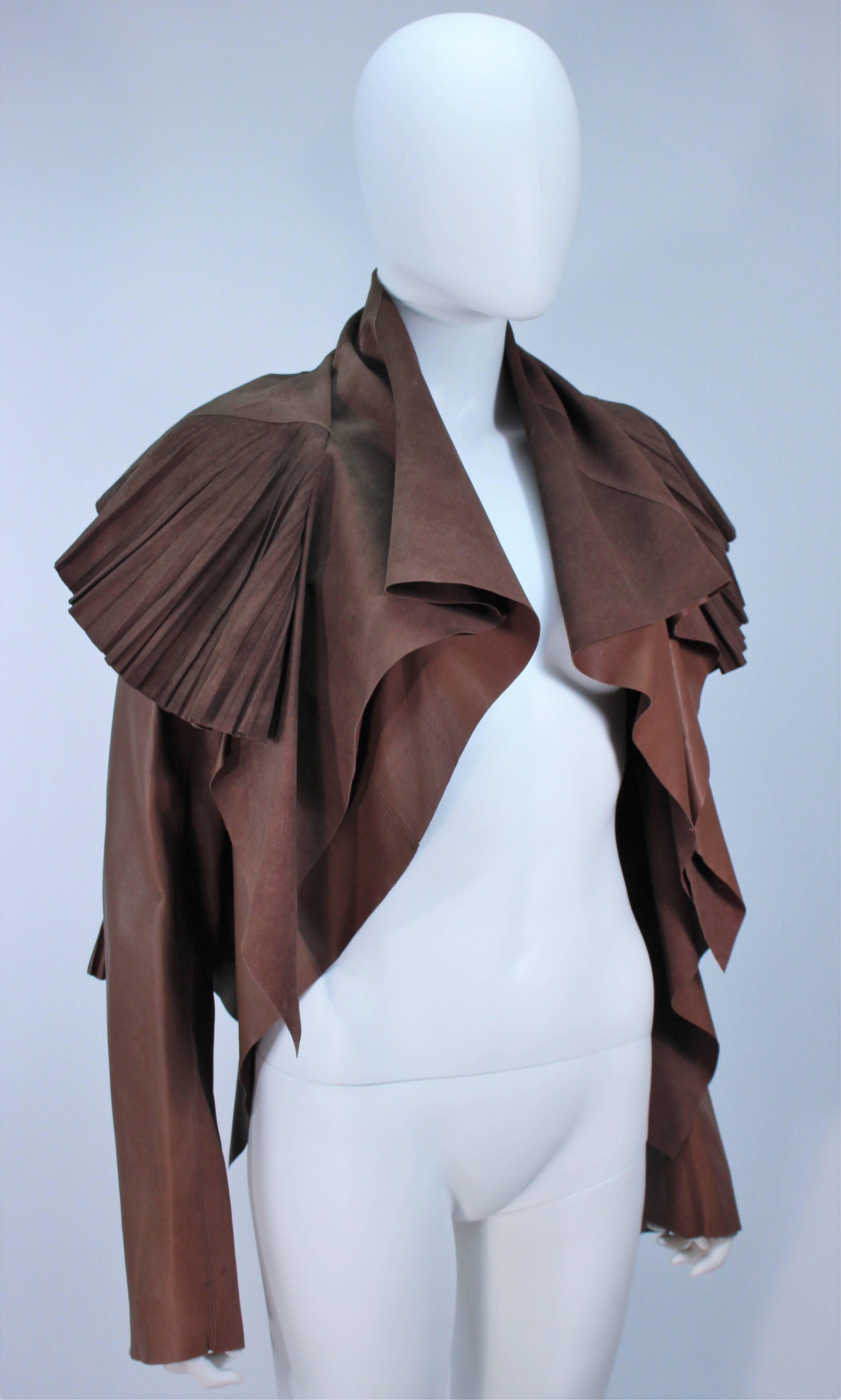 Black RICK OWENS Brown Lamb Leather Drape Jacket with Pleated Back Size 38 For Sale