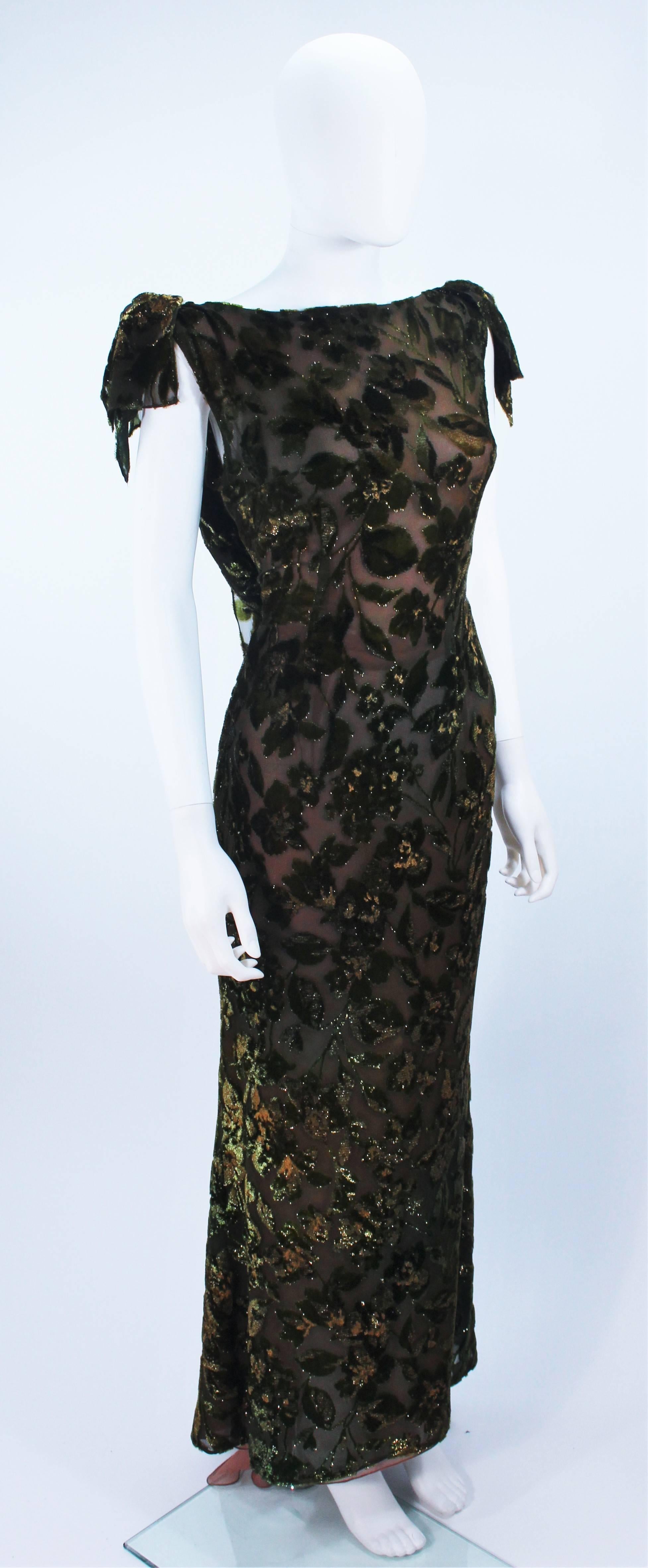 Women's Green Metallic Silk Velvet Draped Gown Size 6 8