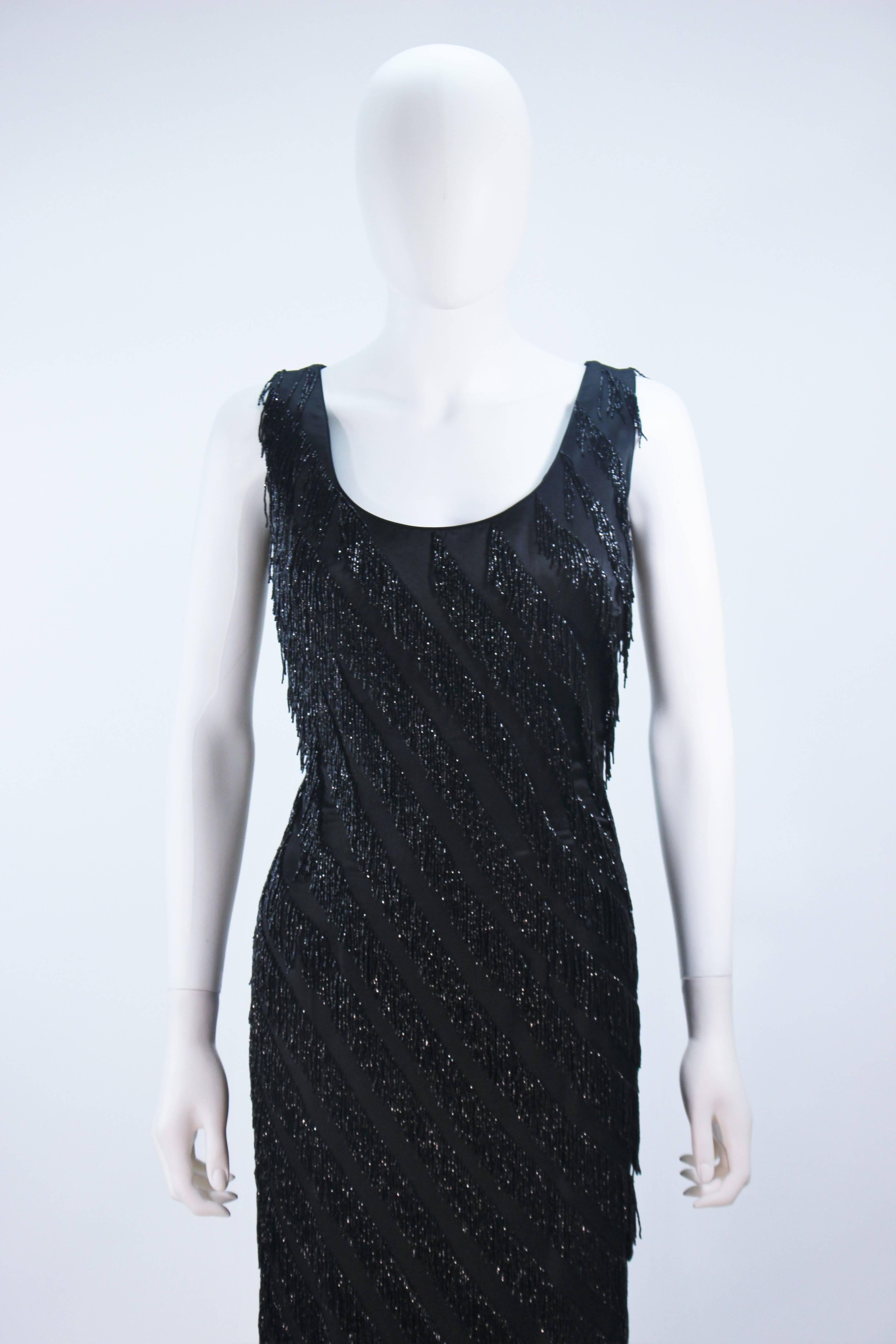 PAULINE SHEN Black Silk Asymmetrical Beaded Fringe Gown Size 2 4 In Excellent Condition For Sale In Los Angeles, CA