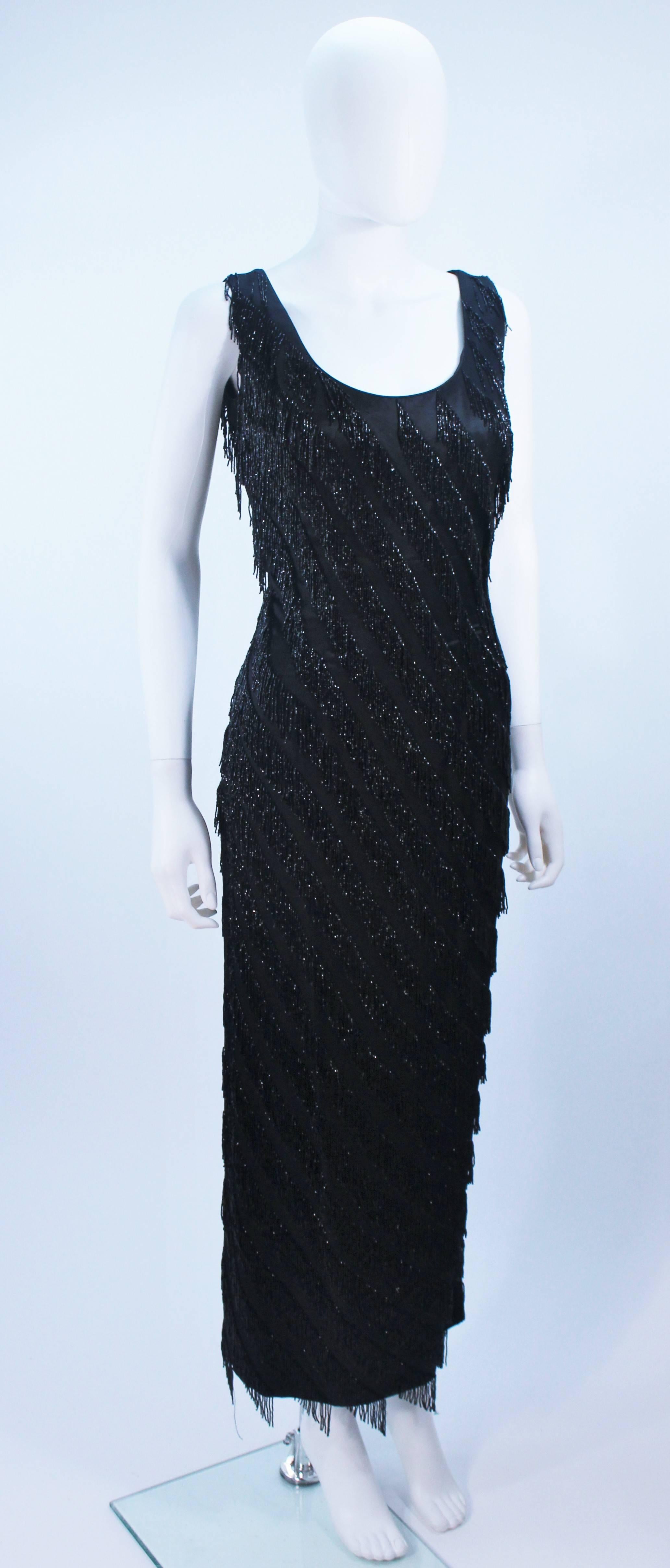PAULINE SHEN Black Silk Asymmetrical Beaded Fringe Gown Size 2 4 For Sale 1