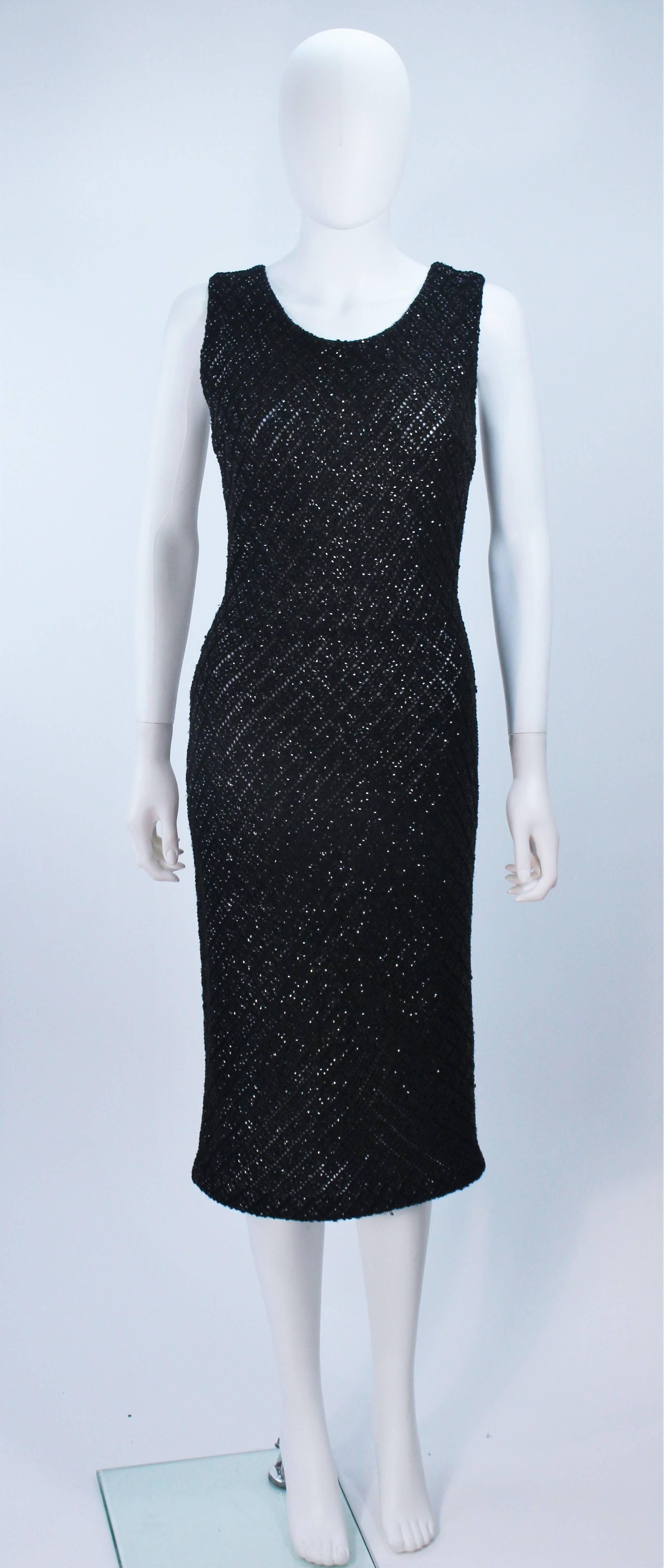  This cocktail dress is composed of a black wool with sequins and beading in a diamond pattern (Semi-sheer). Comes with belt. There is a center back zipper closure. In great vintage condition. 

  **Please cross-reference measurements for personal