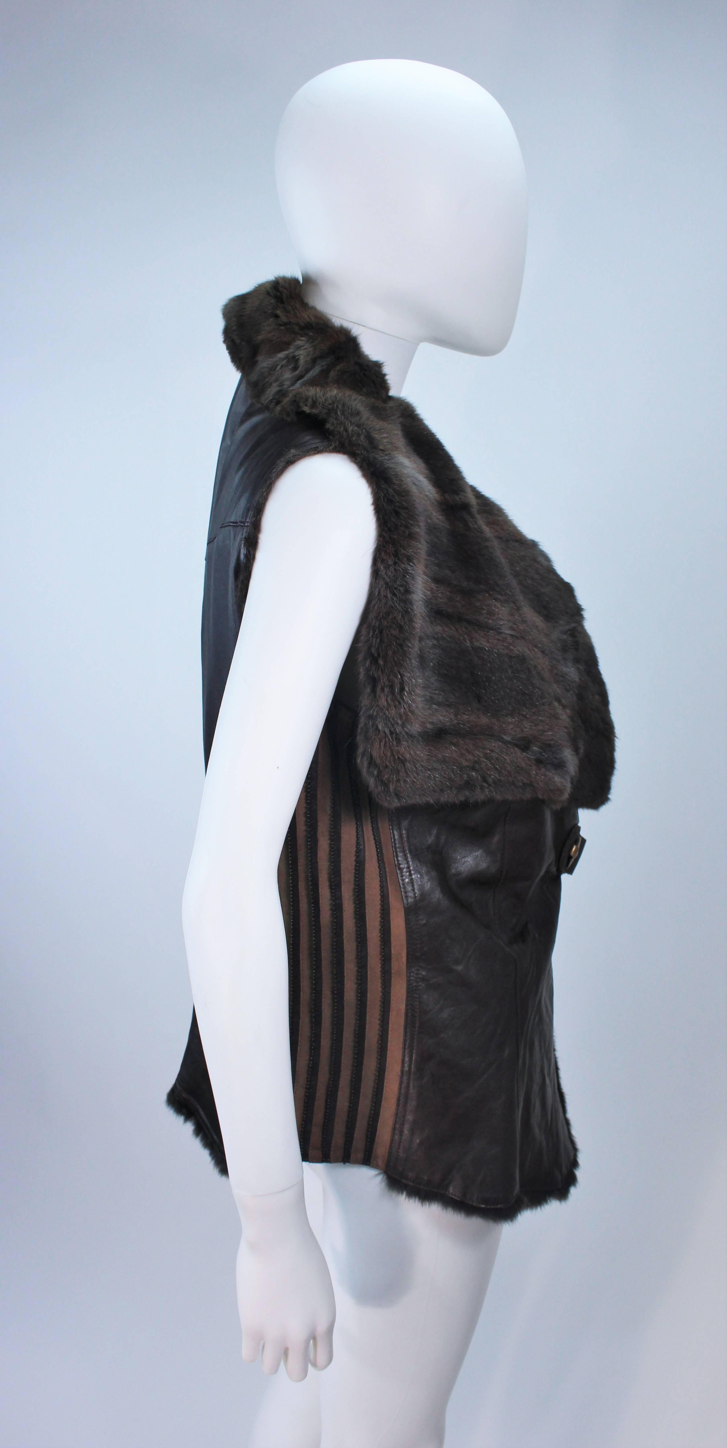 ANNA TRZEBINSKI Brown Leather Drape Collar Fur Vest Size 44 For Sale 1