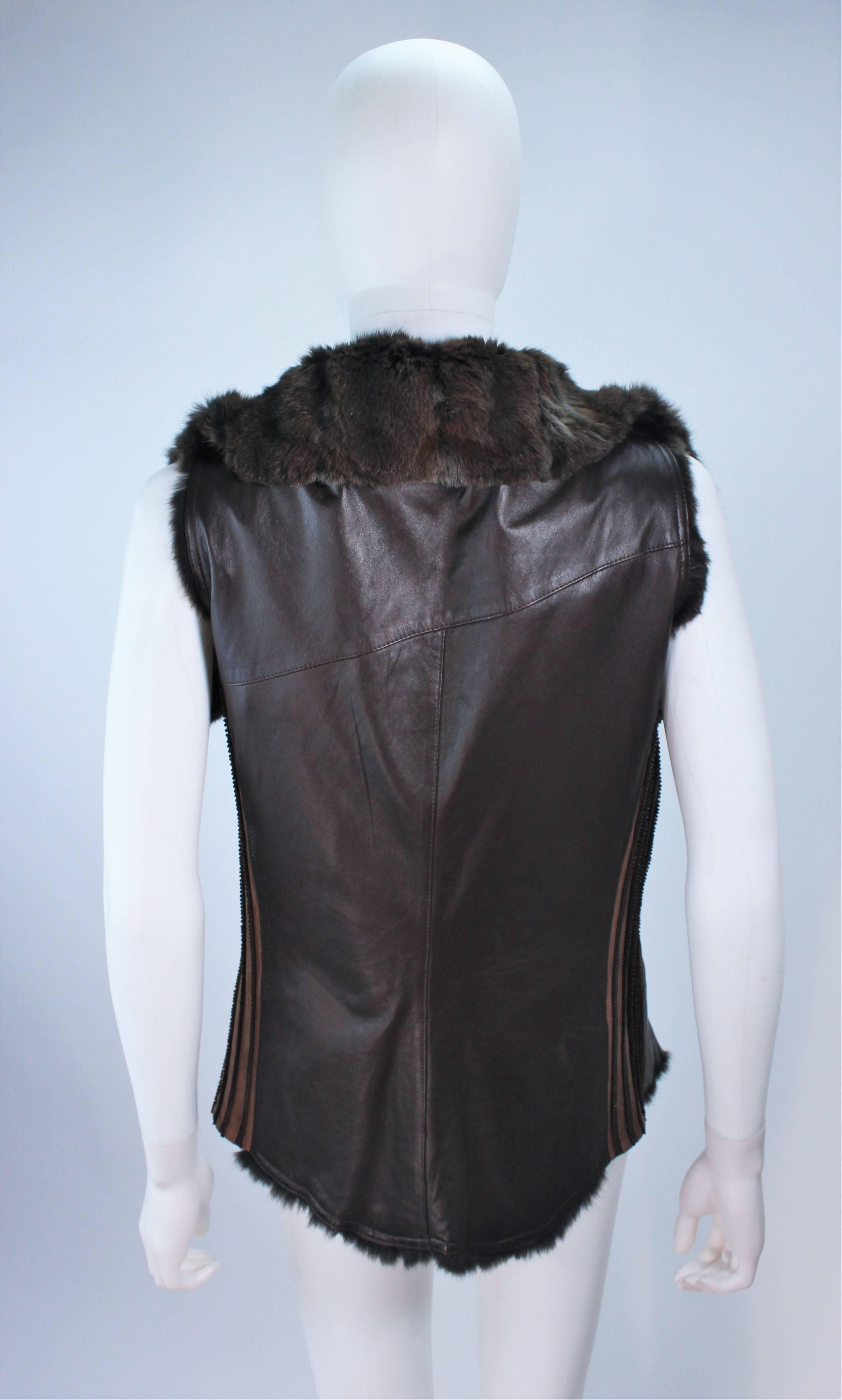 ANNA TRZEBINSKI Brown Leather Drape Collar Fur Vest Size 44 For Sale 3