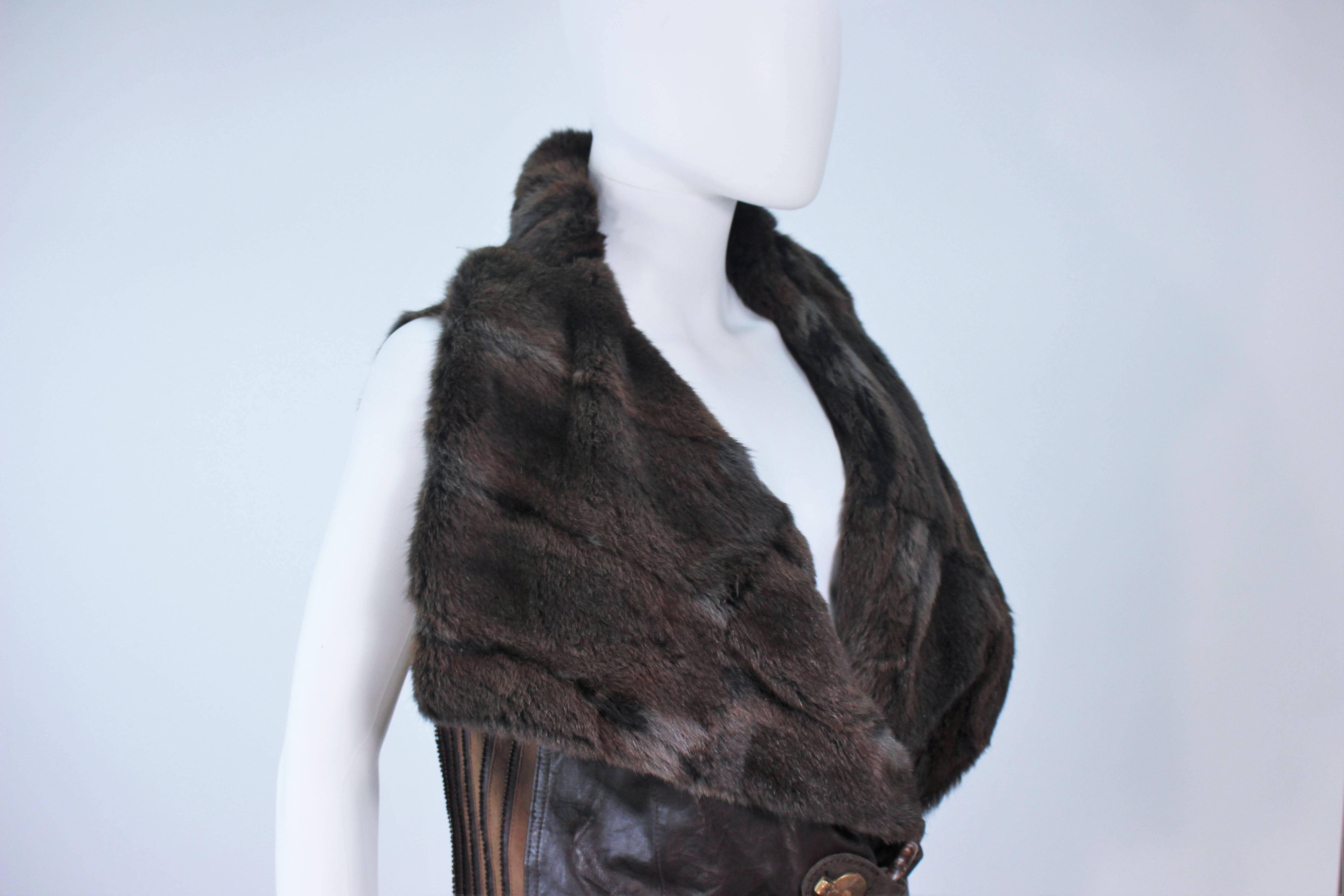 Women's ANNA TRZEBINSKI Brown Leather Drape Collar Fur Vest Size 44 For Sale