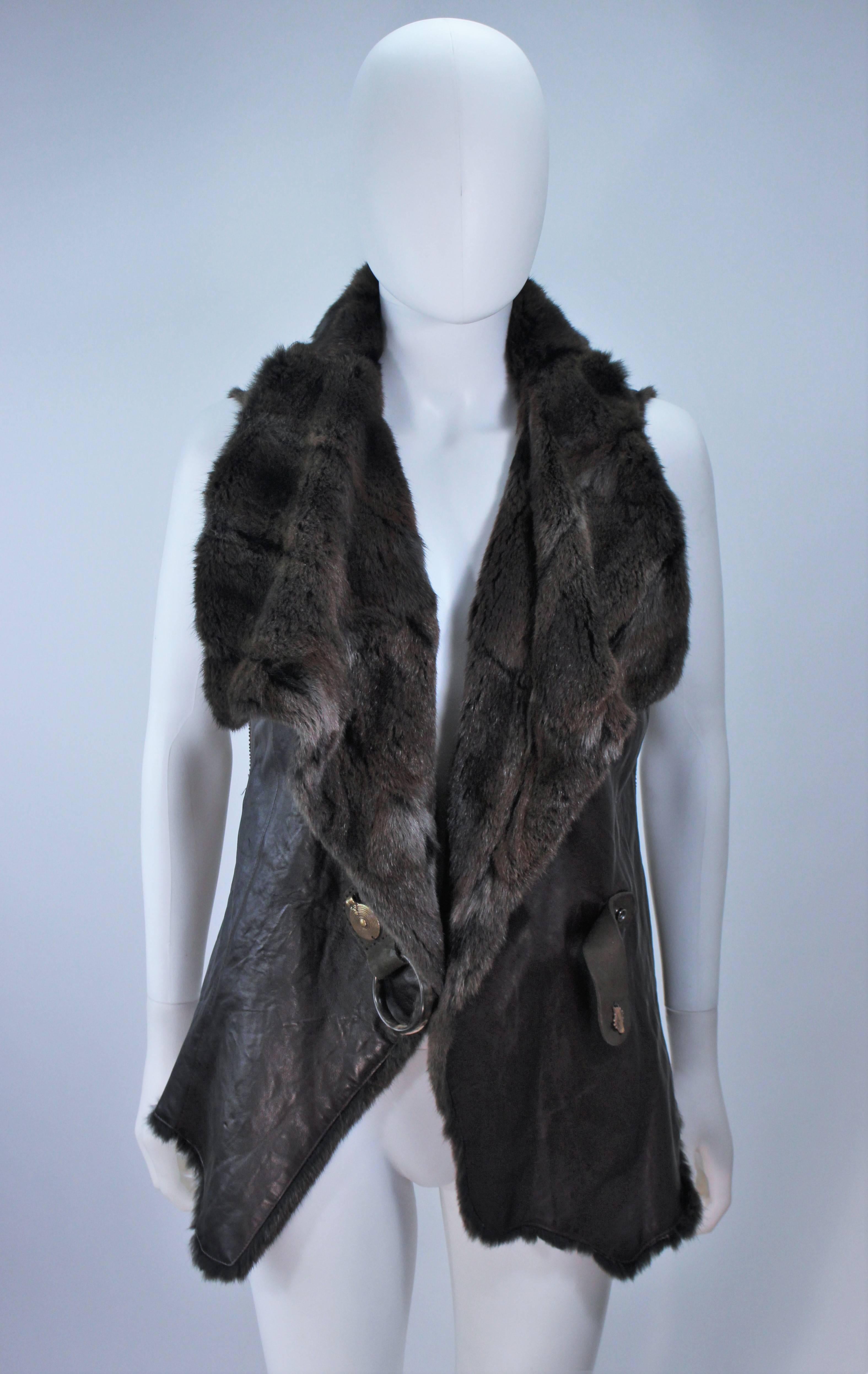 Black ANNA TRZEBINSKI Brown Leather Drape Collar Fur Vest Size 44 For Sale