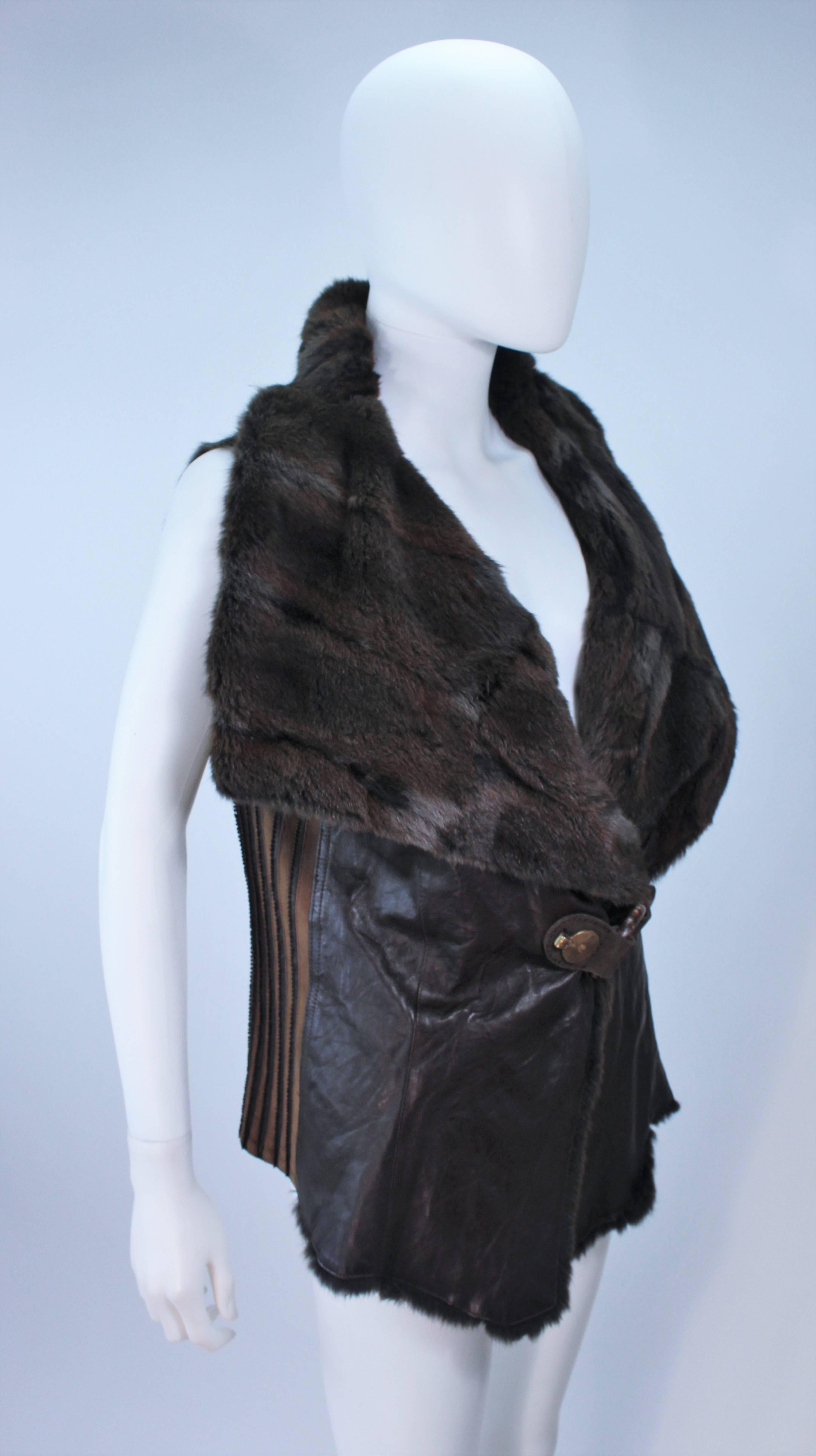 ANNA TRZEBINSKI Brown Leather Drape Collar Fur Vest Size 44 In Excellent Condition For Sale In Los Angeles, CA