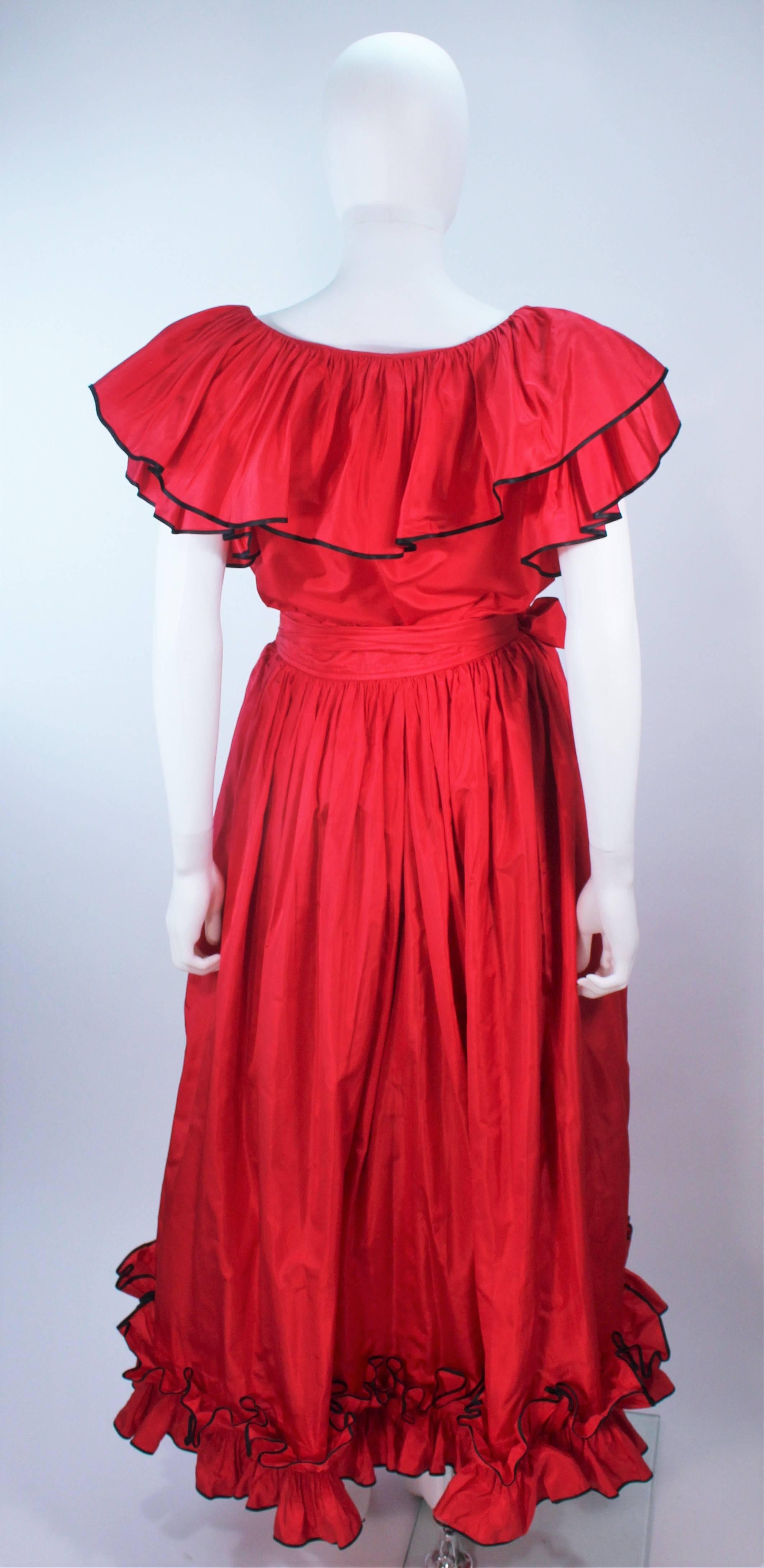 YVES SAINT LAURENT 1970's Red Satin Ruffled Ensemble with Black Trim Size 40 For Sale 2
