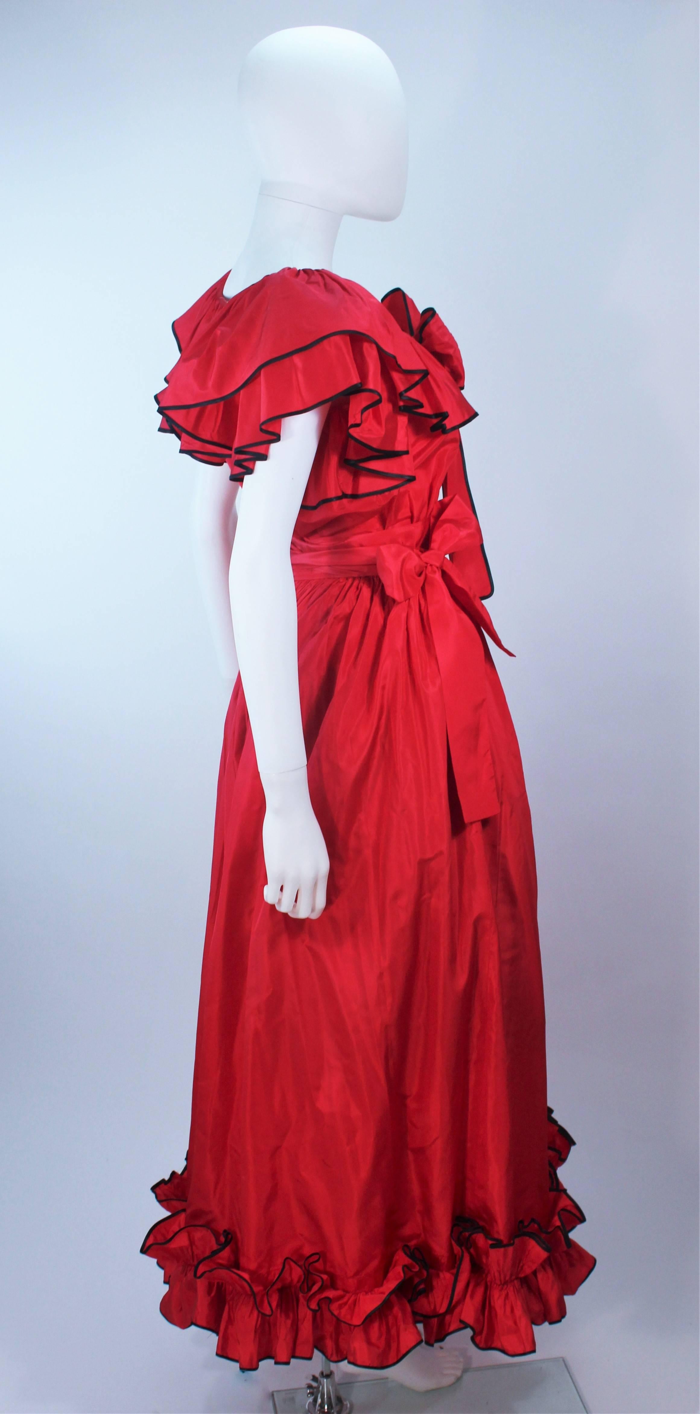 YVES SAINT LAURENT 1970's Red Satin Ruffled Ensemble with Black Trim Size 40 For Sale 1