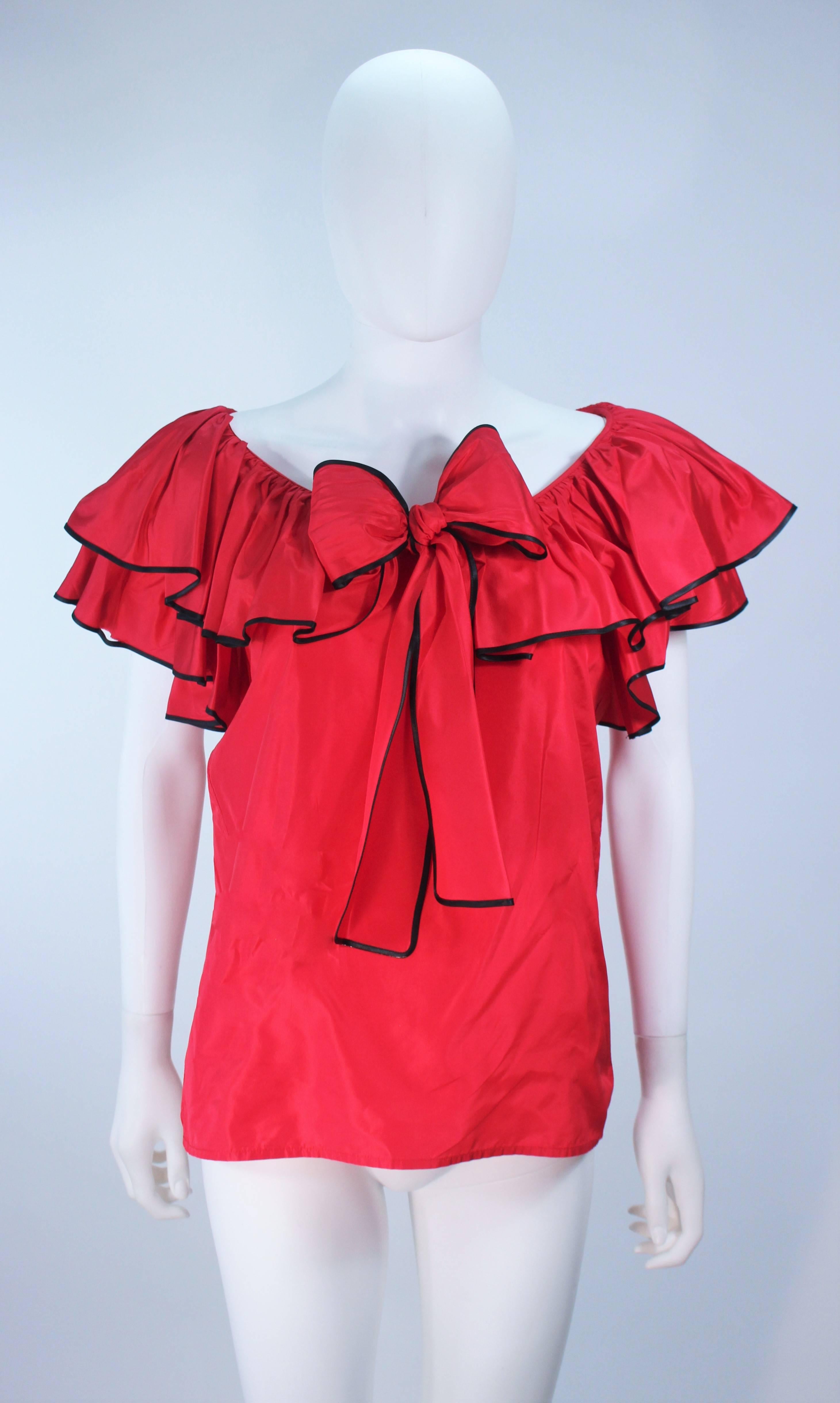 YVES SAINT LAURENT 1970's Red Satin Ruffled Ensemble with Black Trim Size 40 For Sale 3