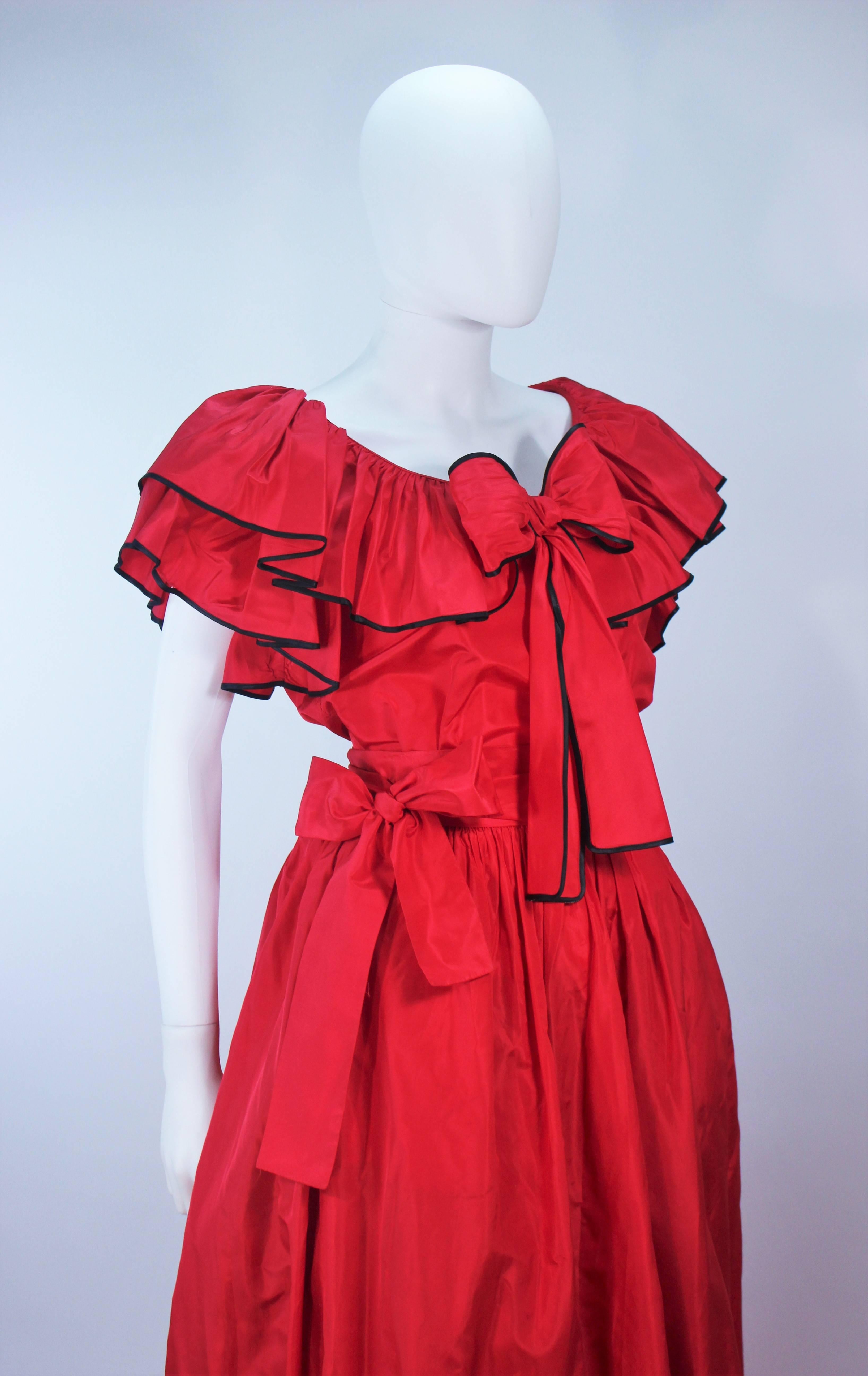 Women's YVES SAINT LAURENT 1970's Red Satin Ruffled Ensemble with Black Trim Size 40 For Sale