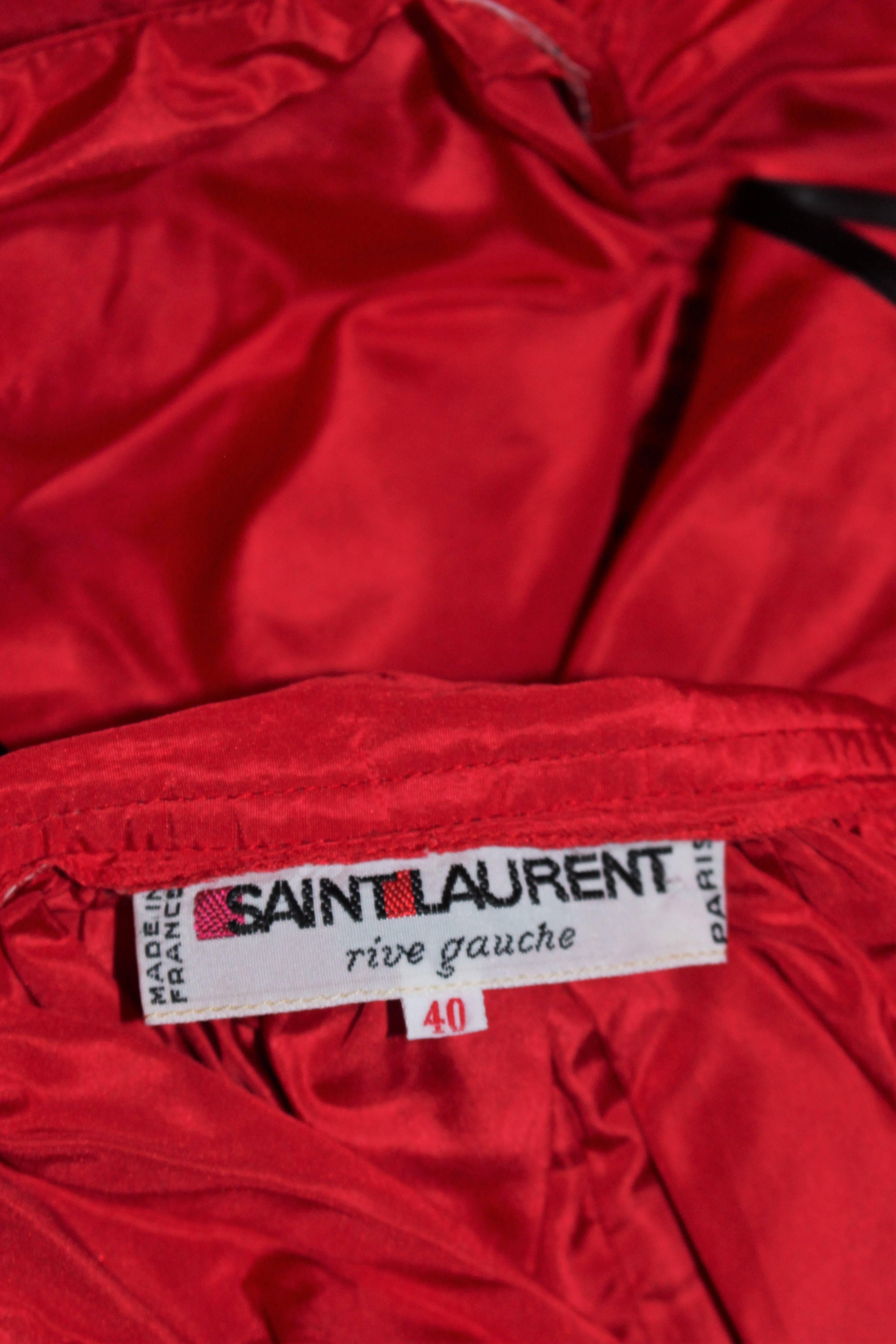 YVES SAINT LAURENT 1970's Red Satin Ruffled Ensemble with Black Trim Size 40 For Sale 5