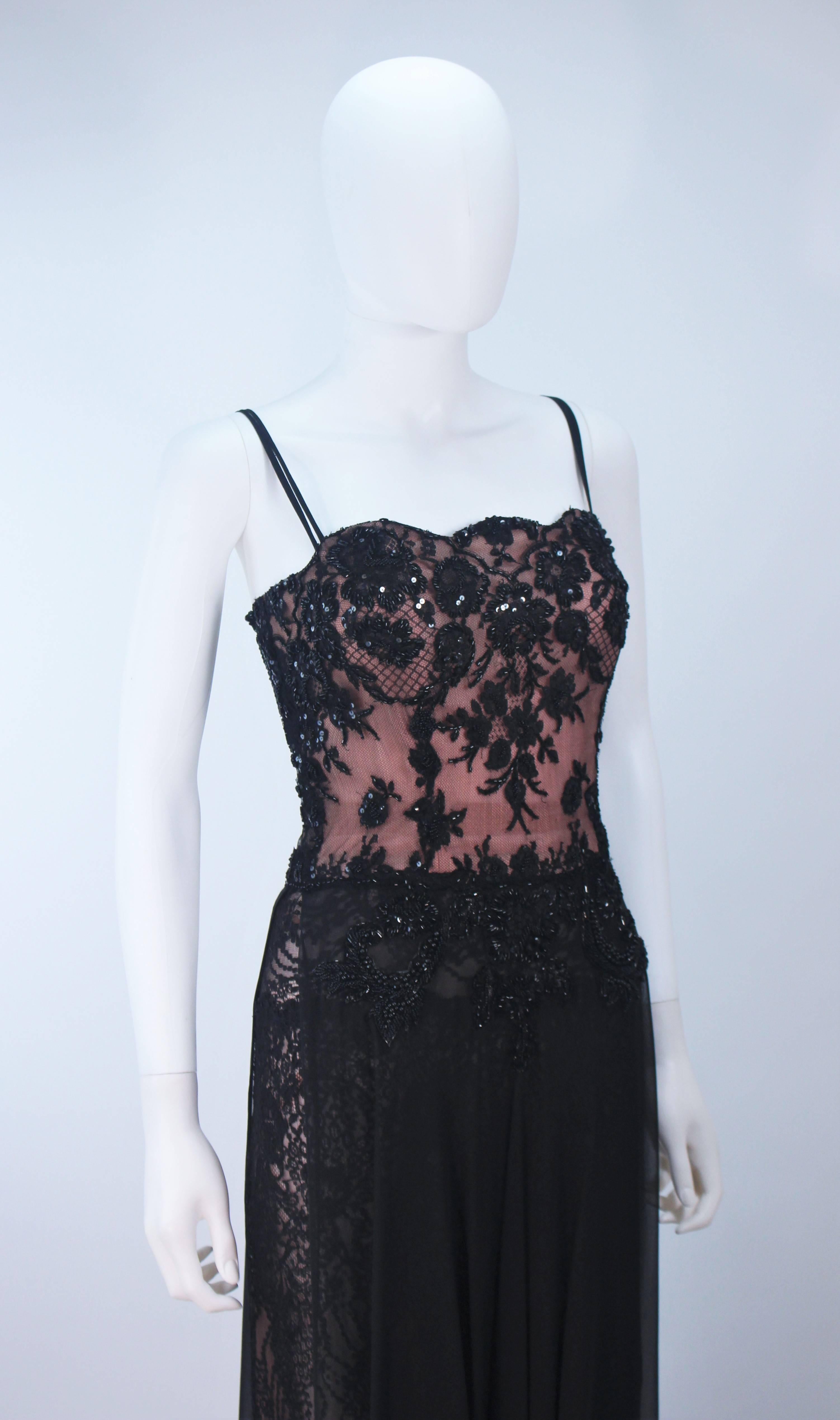 FE ZANDI Beverly Hills Beaded Black Lace Chiffon Gown Size 4 6 For Sale 1