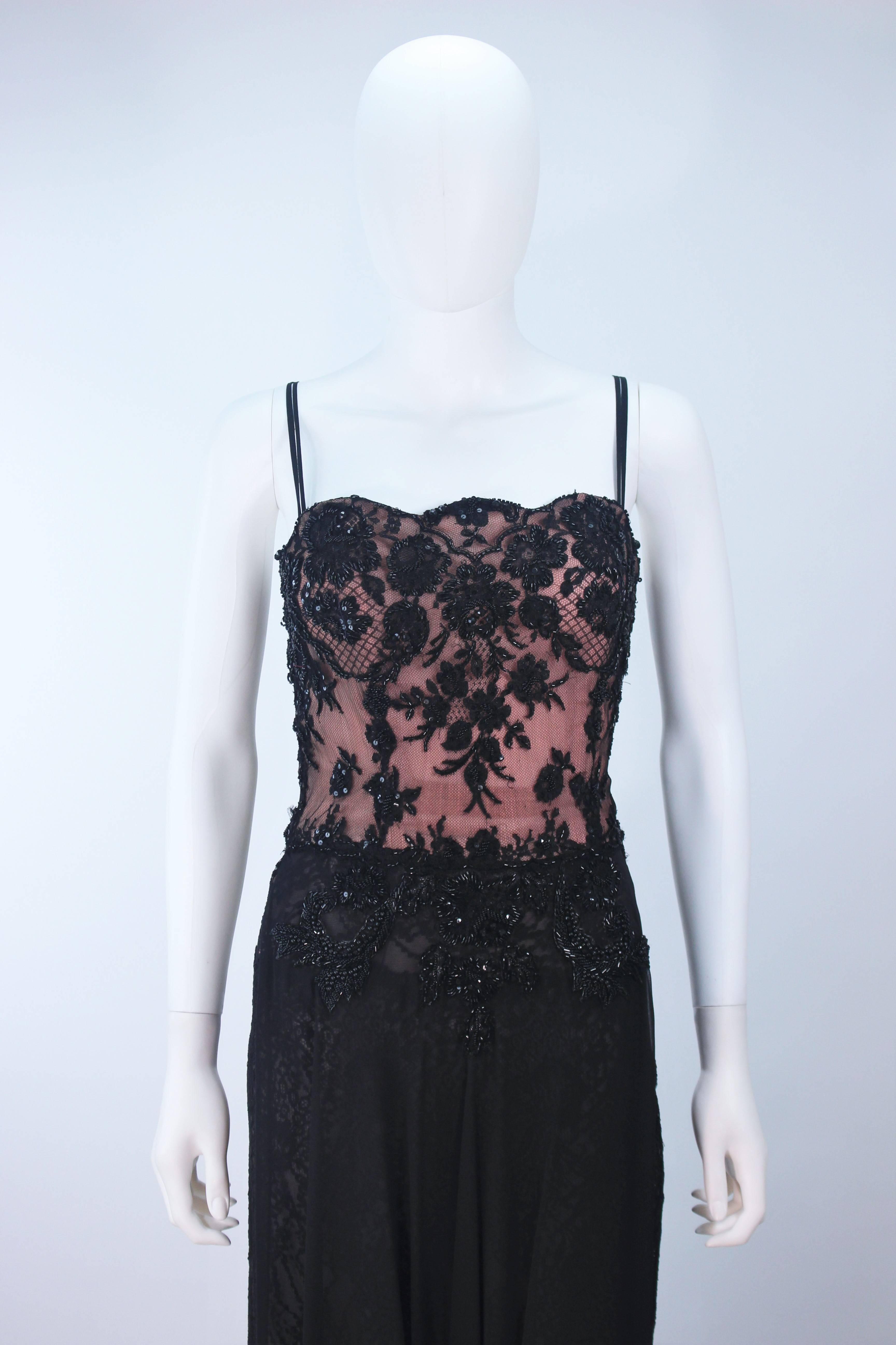 FE ZANDI Beverly Hills Beaded Black Lace Chiffon Gown Size 4 6 In Excellent Condition For Sale In Los Angeles, CA