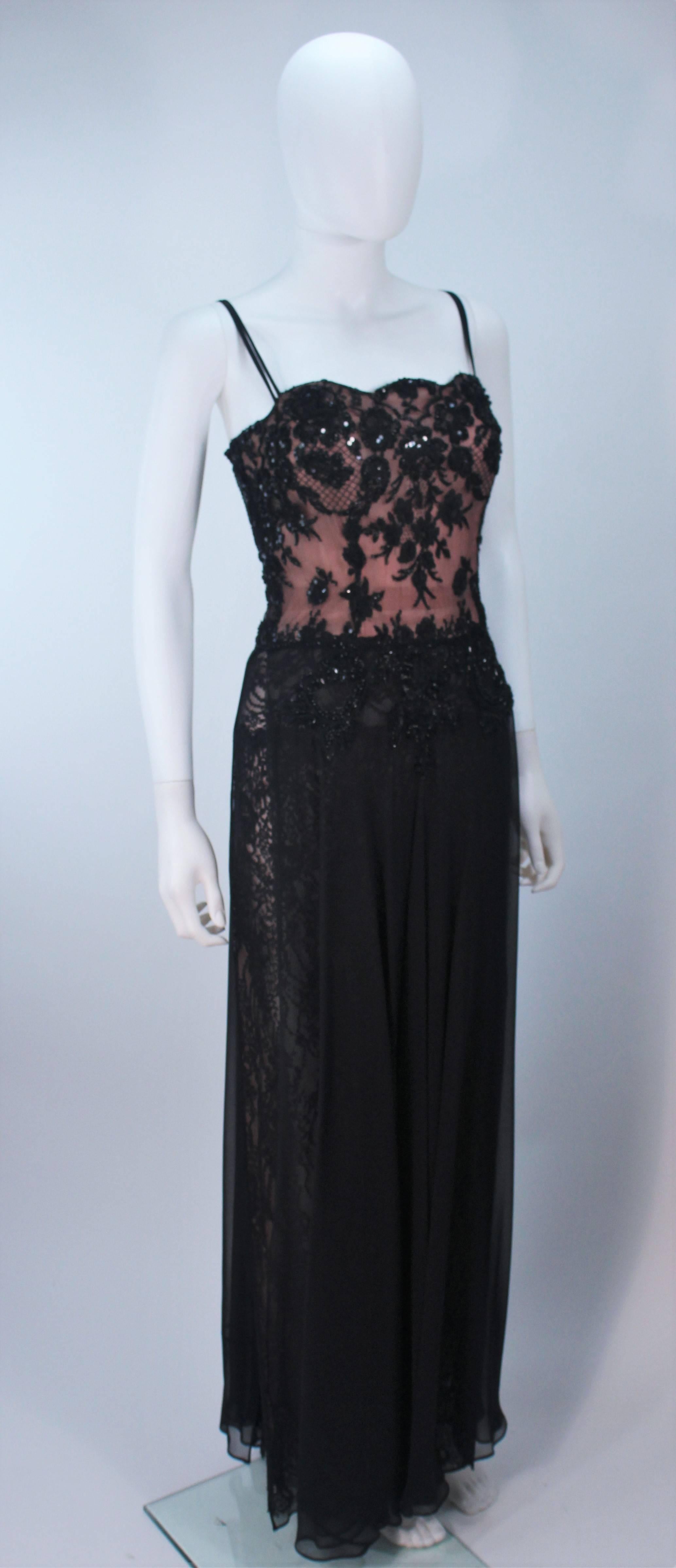 Women's FE ZANDI Beverly Hills Beaded Black Lace Chiffon Gown Size 4 6 For Sale