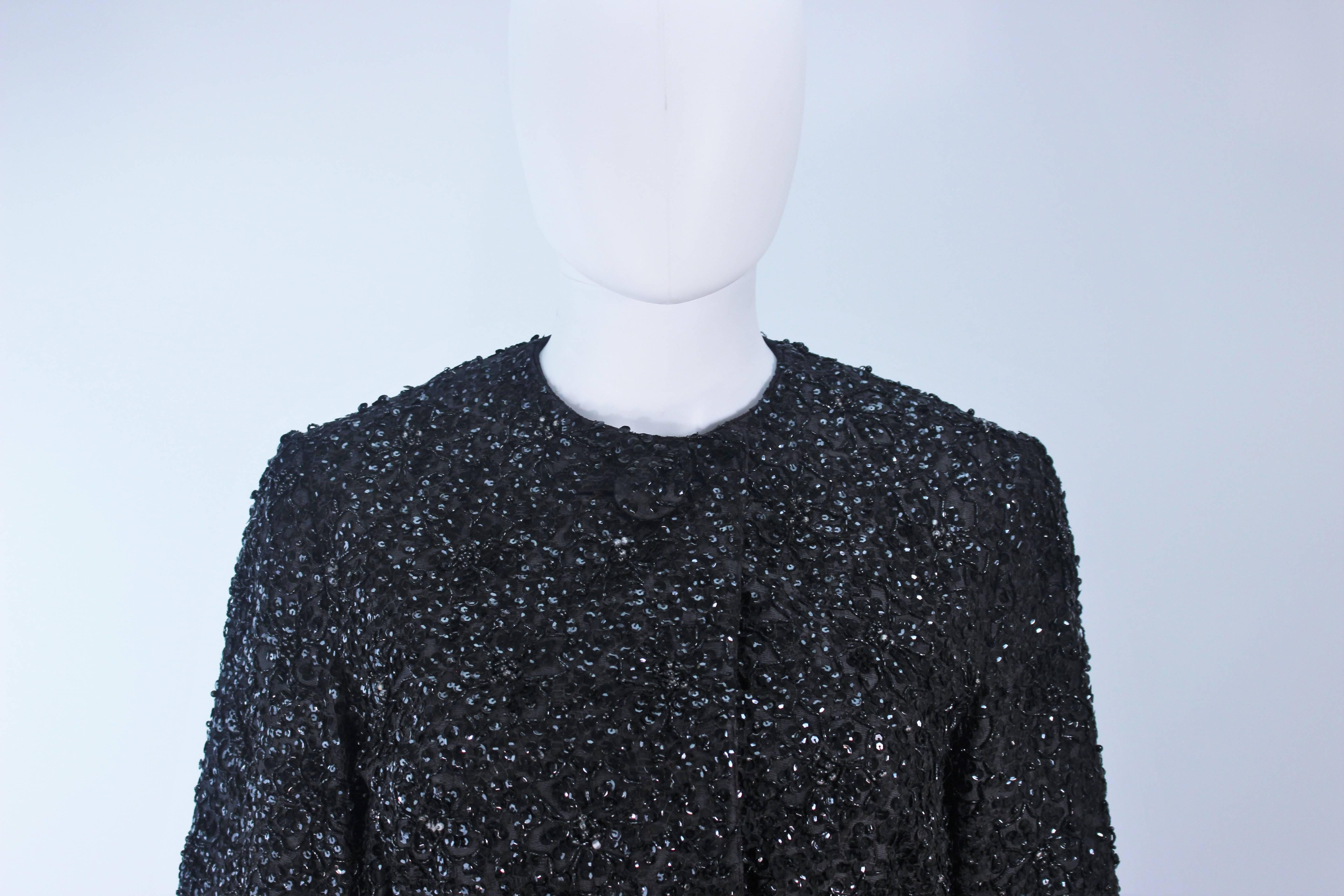 Women's HAUTE COUTURE INTERNATIONAL 1960's Black Beaded Sequin Coat with Belt Size 6 For Sale