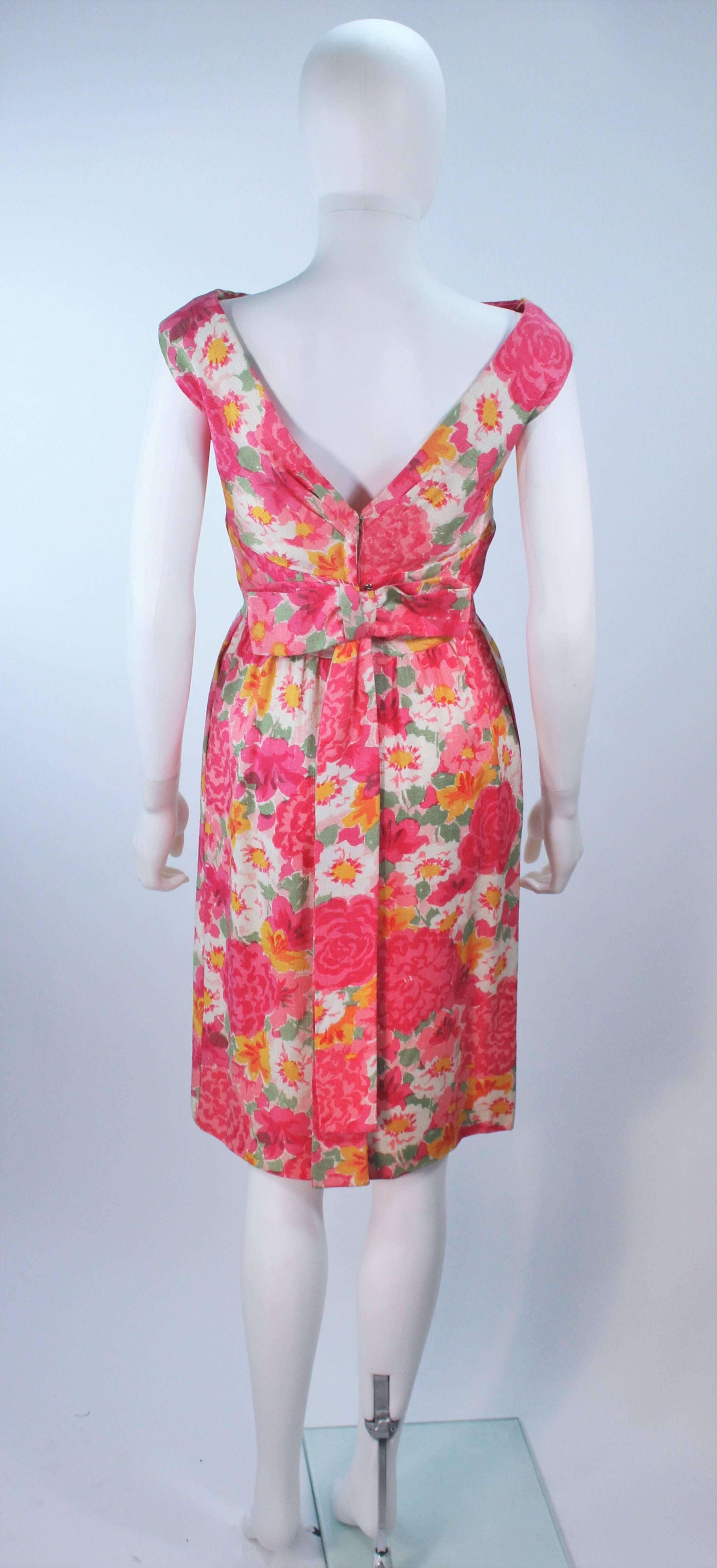 1960's Pink Multi-Color Floral Raw Silk Dress with Bow Size 2 4  For Sale 4