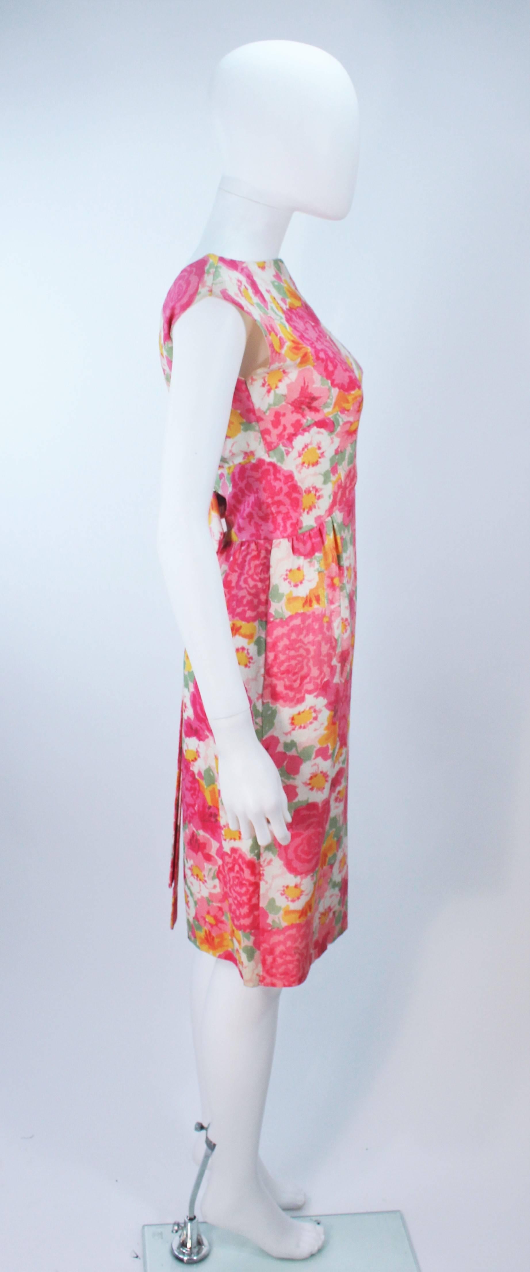 1960's Pink Multi-Color Floral Raw Silk Dress with Bow Size 2 4  For Sale 3