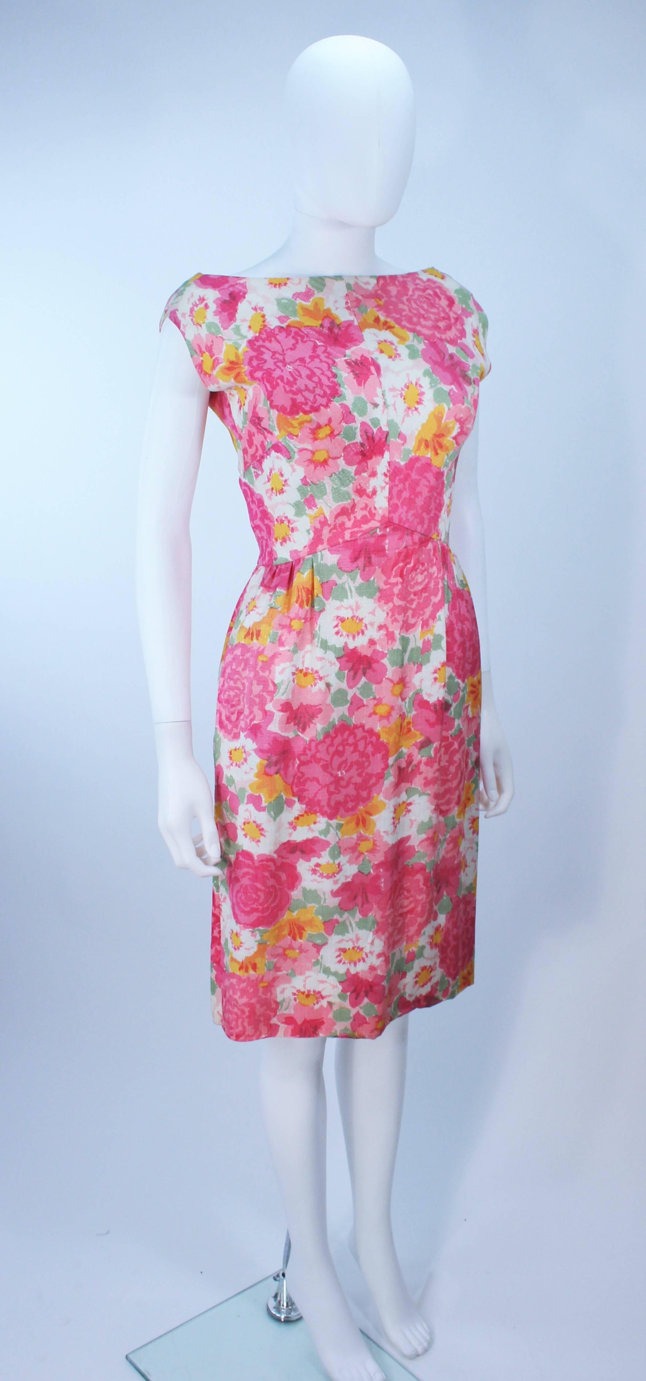 1960's Pink Multi-Color Floral Raw Silk Dress with Bow Size 2 4  For Sale 1
