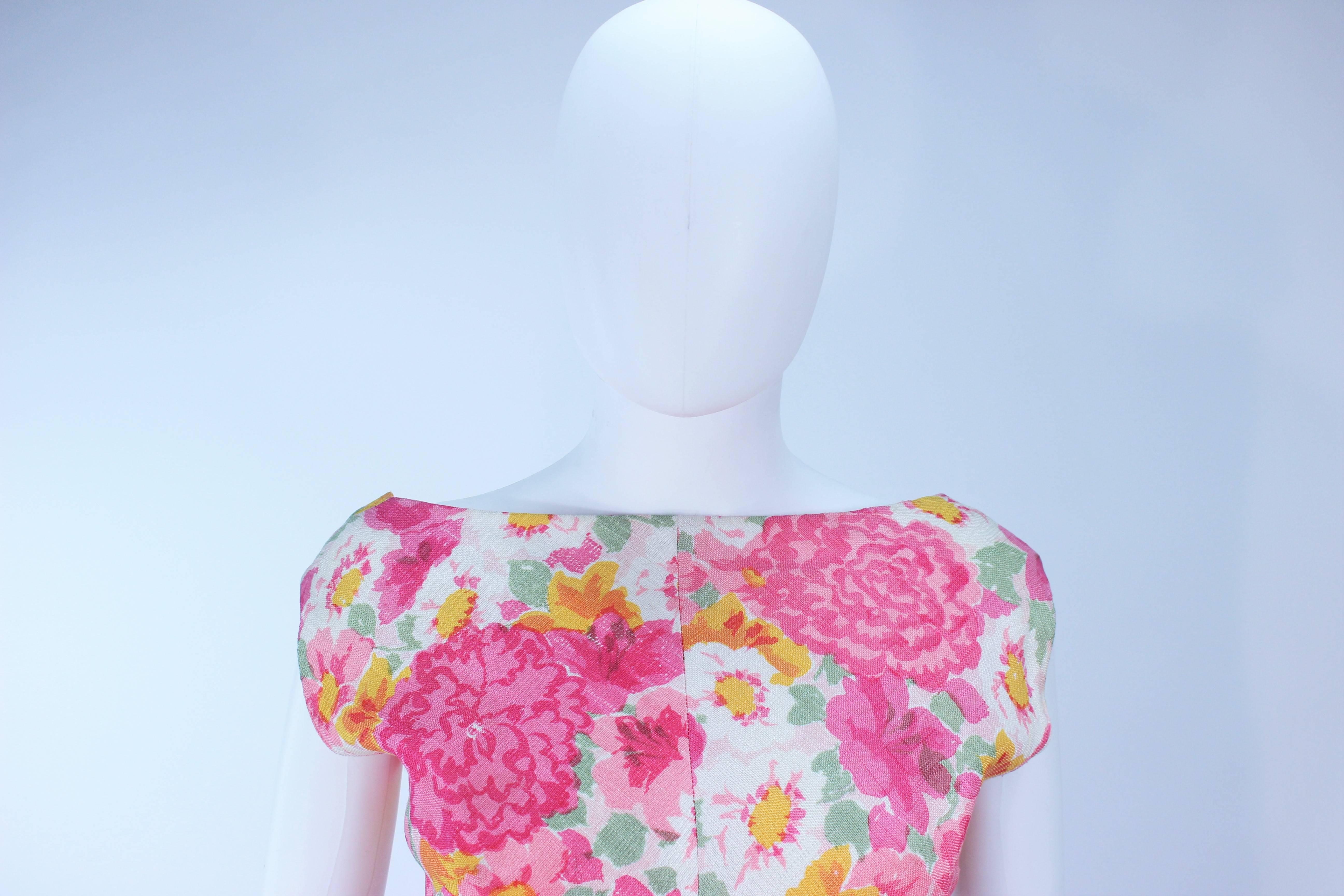 Women's 1960's Pink Multi-Color Floral Raw Silk Dress with Bow Size 2 4  For Sale