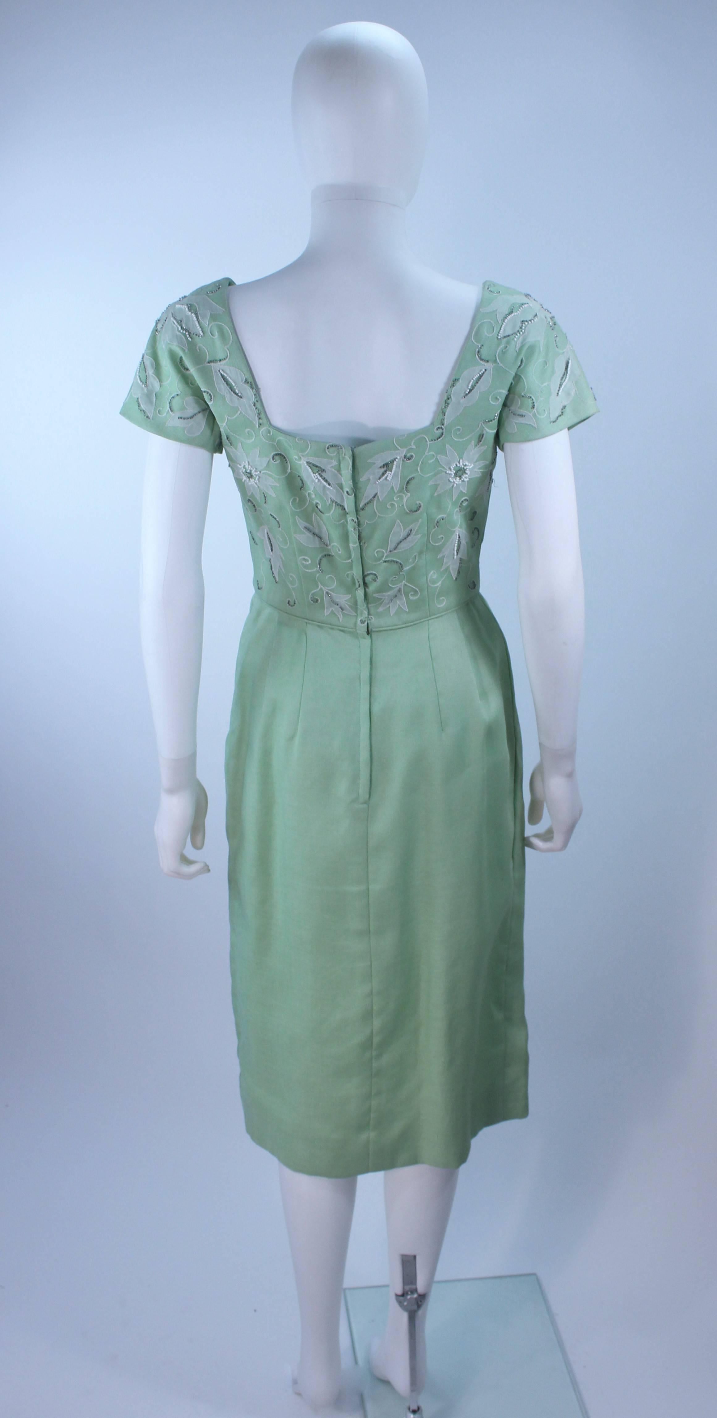 Women's 1950's Sage Green Dress with White Floral Embroidery and Beading Size 2 4 For Sale