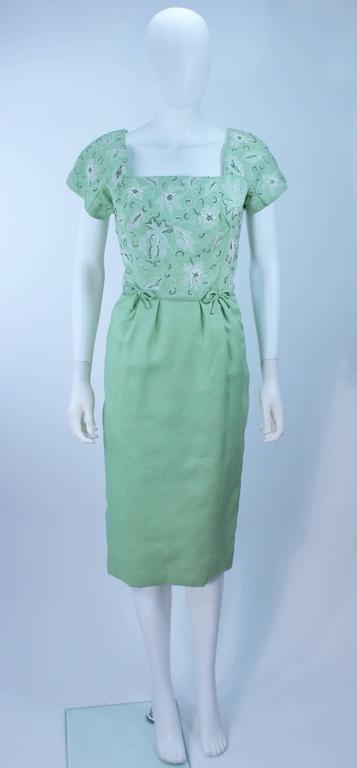 1950's Sage Green Dress With White Floral Embroidery And Beading Size 2 4